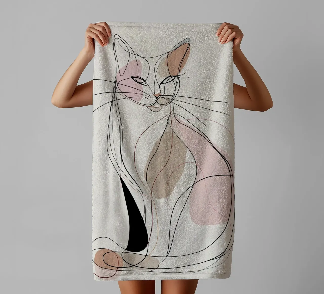 Elegant Graceful Cat Picture | Print Abstract Line Artwork towel by Kaji