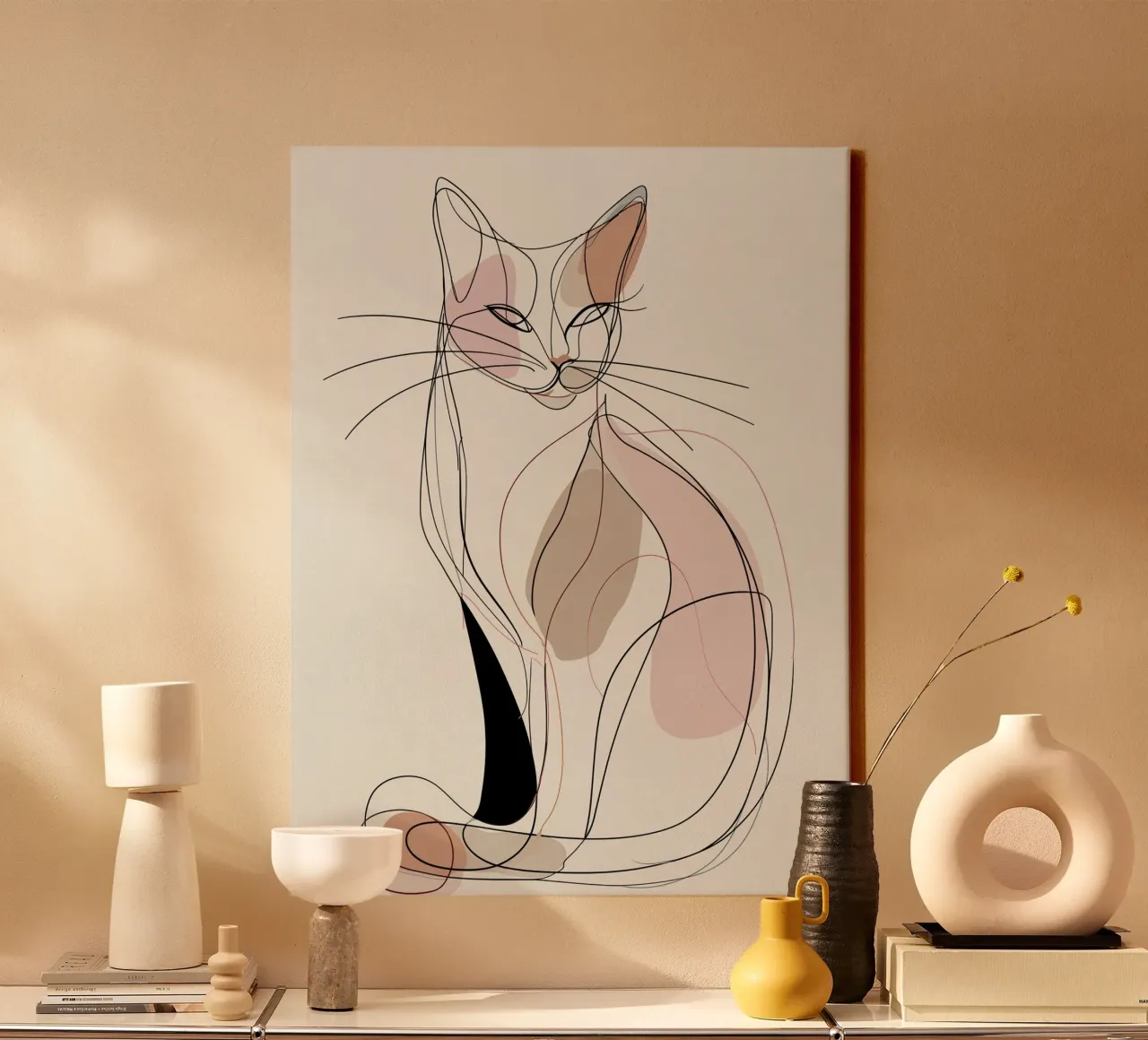 Elegante anmutige Katze Bild | Drucken abstrakte Linie Kunstwerk Leinwand von Kaji