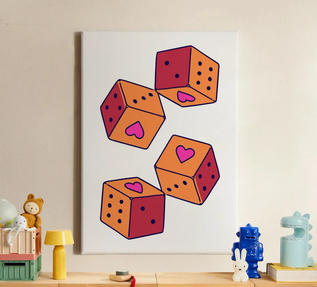 Lucky Heart Dice - Orange & Pink Pop Art Print canvas with Floater frame by homdeco
