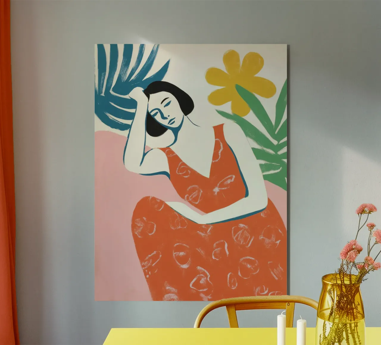 Femme pensive en robe rouge | Calme et détente alu dibond de Autofocus