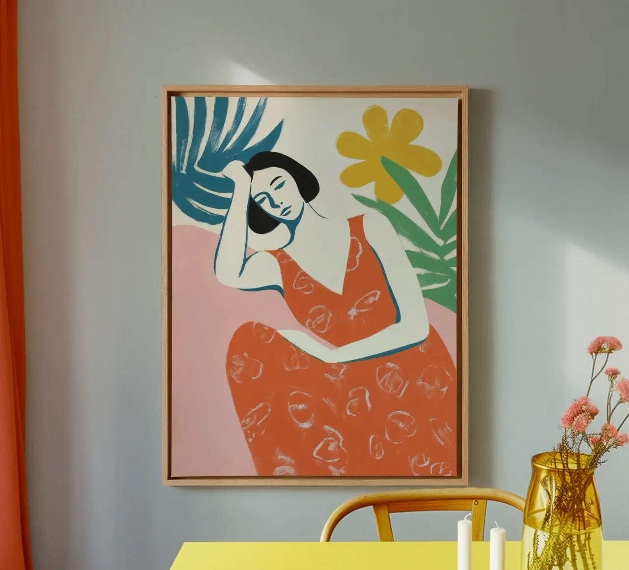 Peinzende vrouw in een rode jurk | Rust en ontspanning canvas met Baklijst van Autofocus