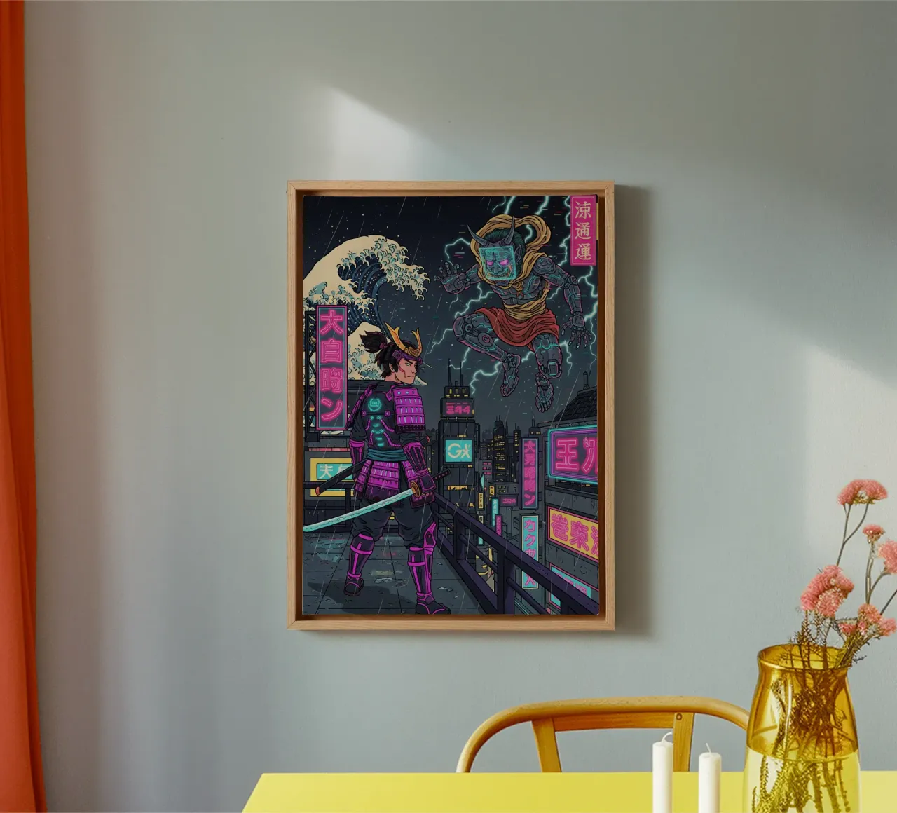 Modern retro Japanese art style canvas with Floater frame by Lembayung art