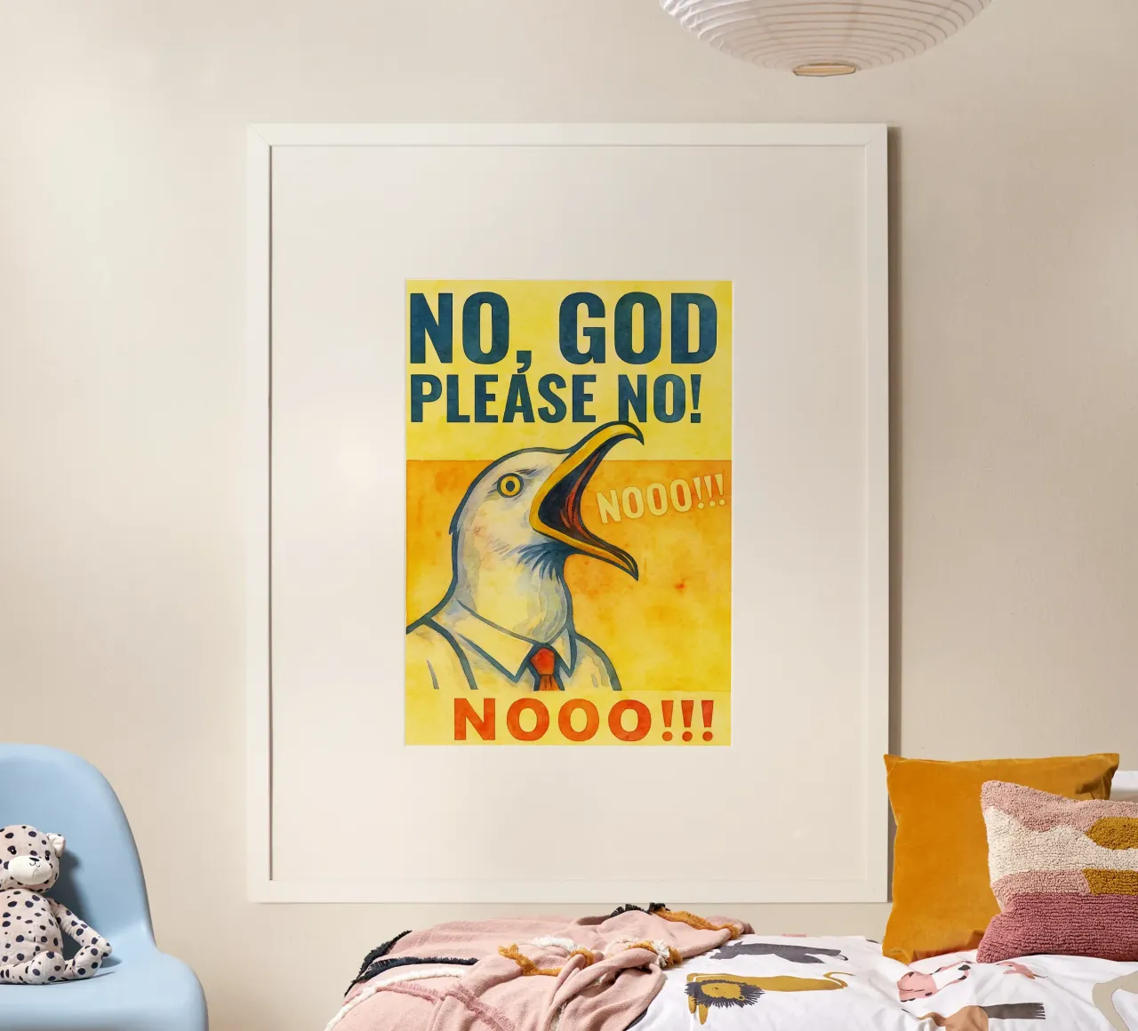 kein gott bitte keine möwe kunst zeichnung Poster mit Holzrahmen von pasadenan