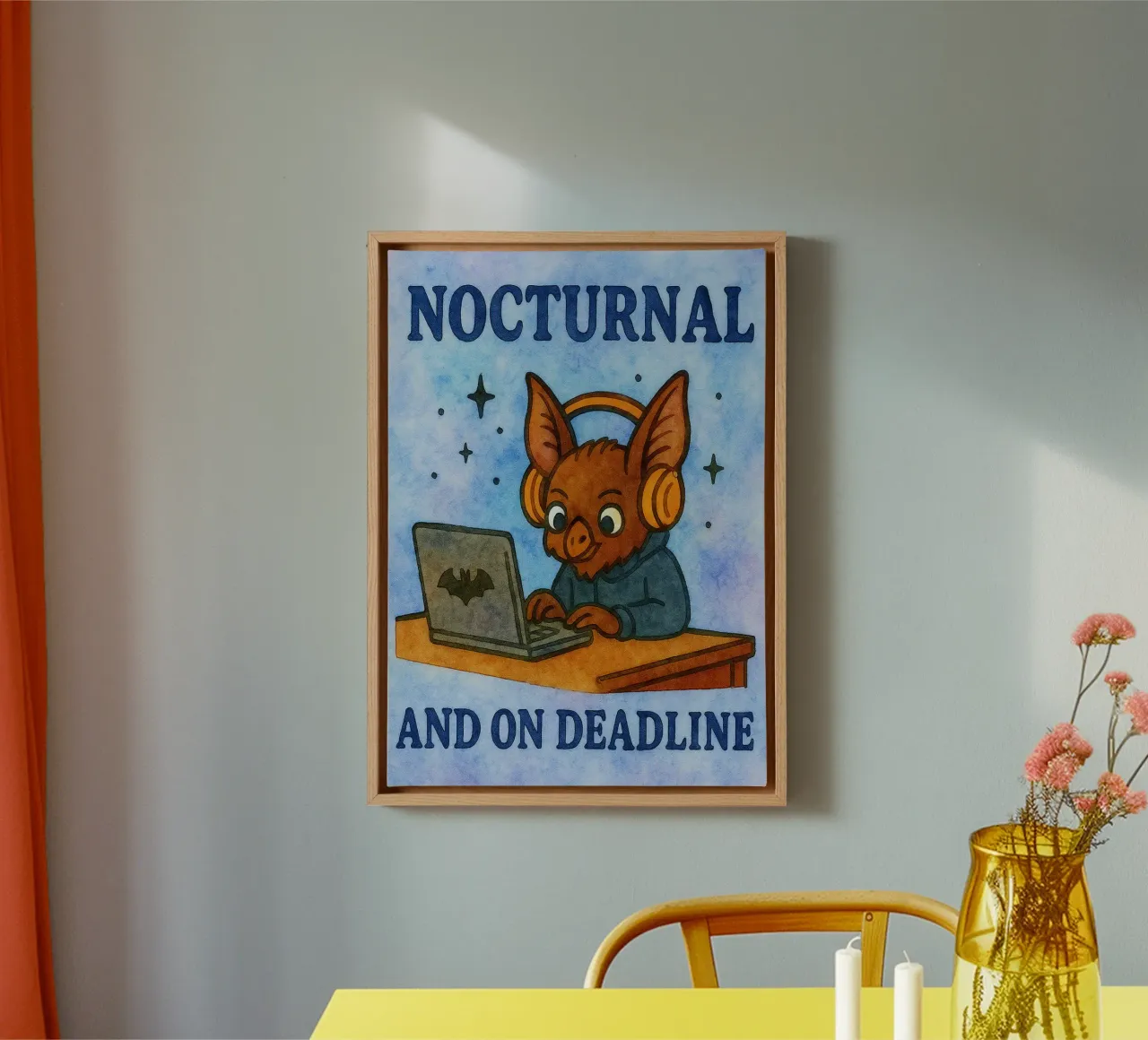 Nocturnal and on deadline bat art drawing canvas with Floater frame by pasadenan