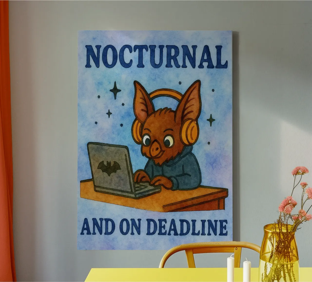 Nocturnal and on deadline bat art drawing canvas with Floater frame by pasadenan
