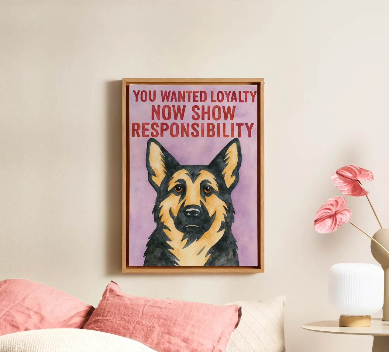 now show resposibility dog art drawing canvas with Floater frame by pasadenan