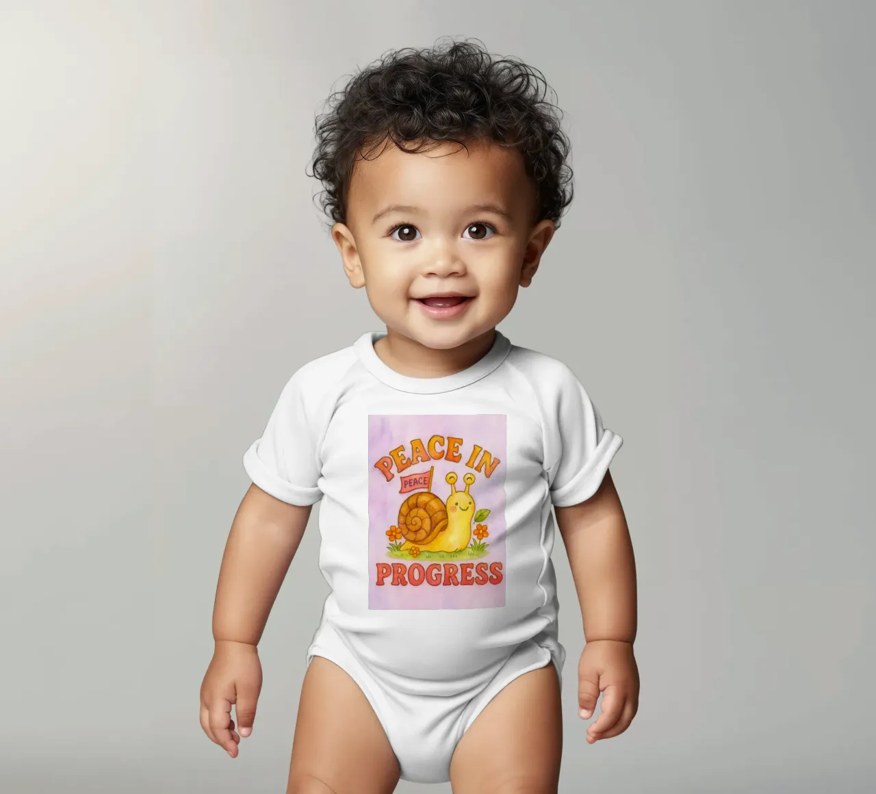 peace in progress snail art drawing short-sleeve baby romper by pasadenan