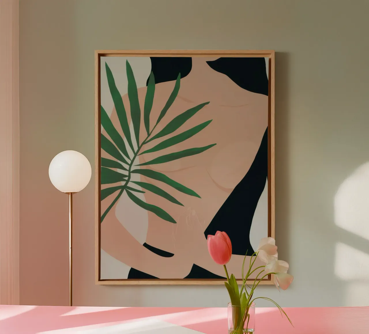 Körper mit Palmblatt Leinwand mit Schattenfugenrahmen von Selene Shade