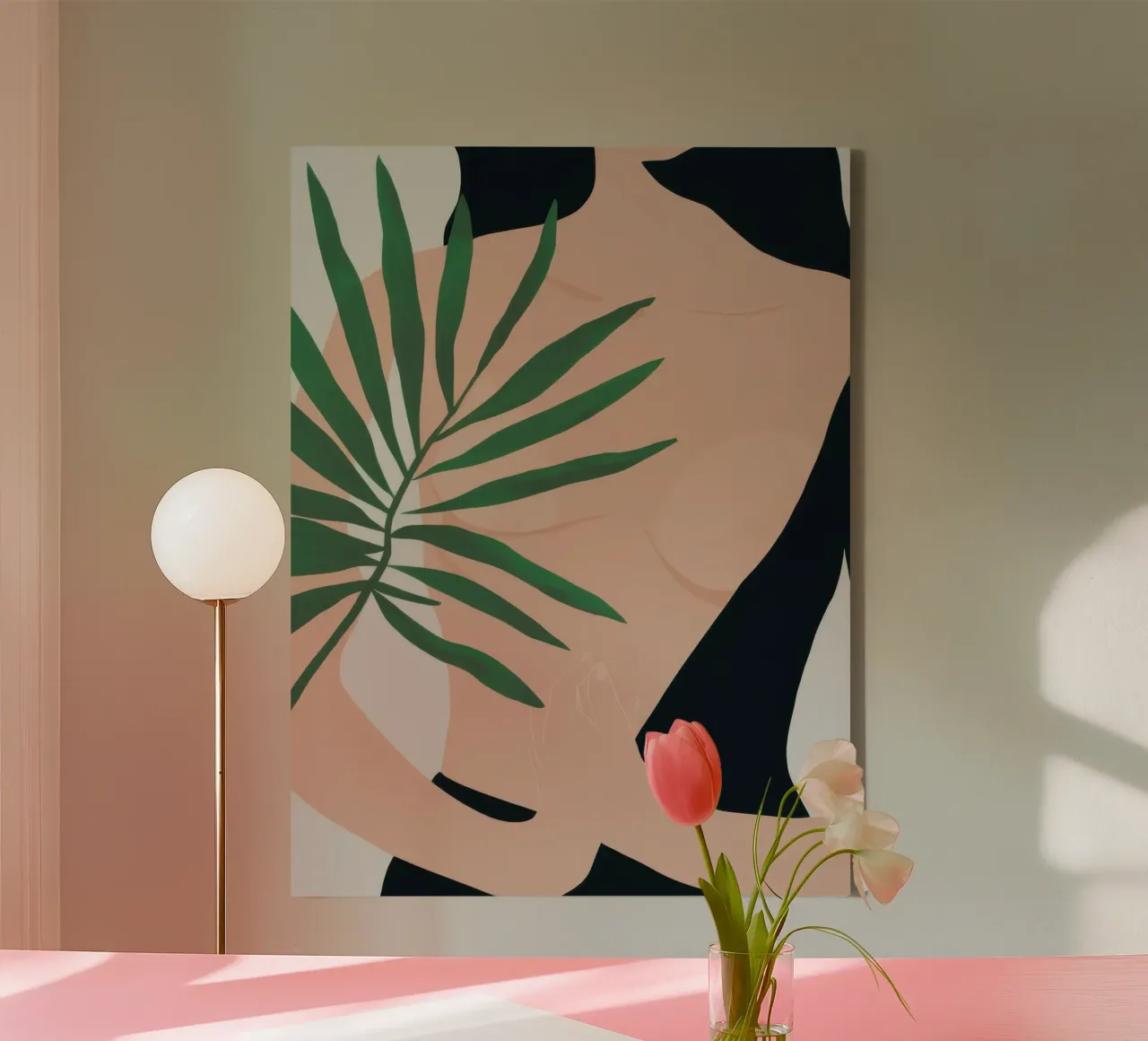 Körper mit Palmblatt Leinwand mit Schattenfugenrahmen von Selene Shade
