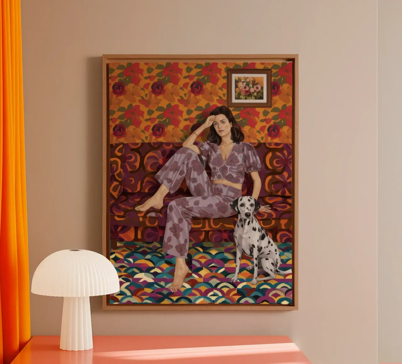 Frau mit Dalmatiner Leinwand mit Schattenfugenrahmen von Selene Shade