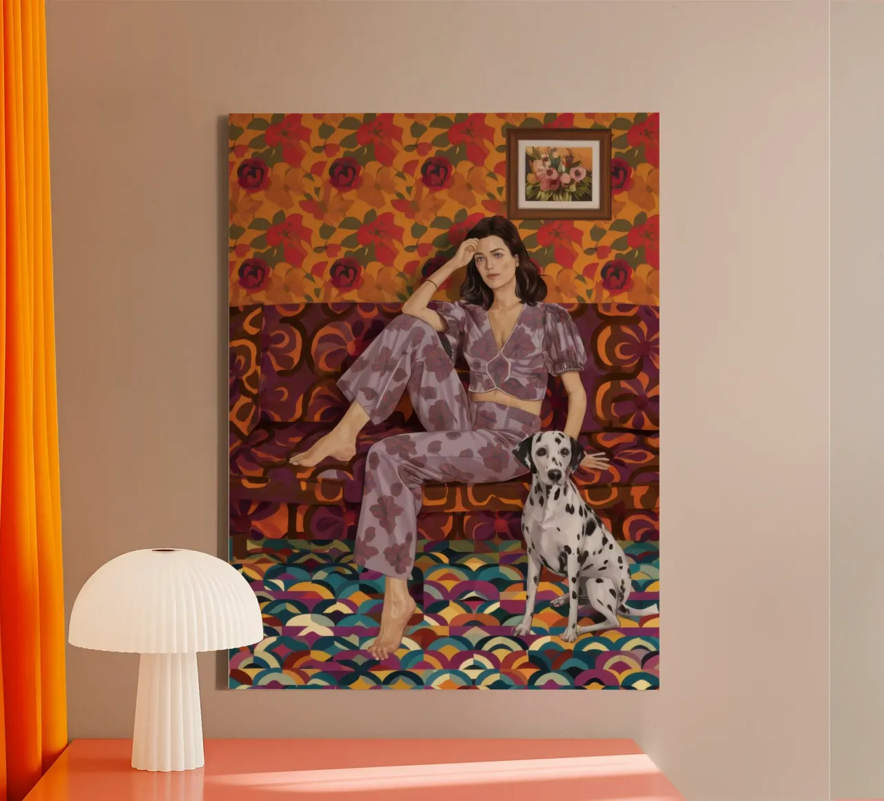 Frau mit Dalmatiner Leinwand mit Schattenfugenrahmen von Selene Shade