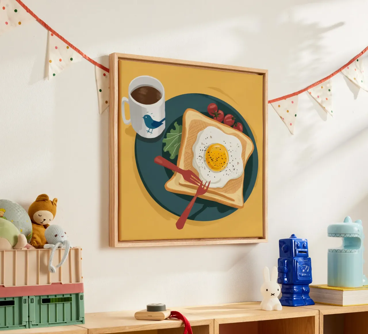 Bluebird-Morgen-Toast Leinwand mit Schattenfugenrahmen von Luna Aura