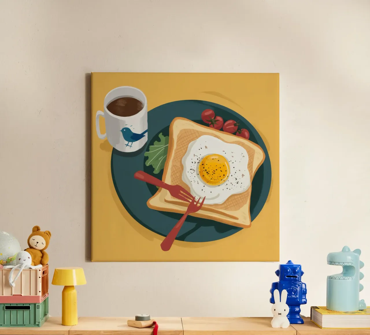 Bluebird-Morgen-Toast Leinwand mit Schattenfugenrahmen von Luna Aura