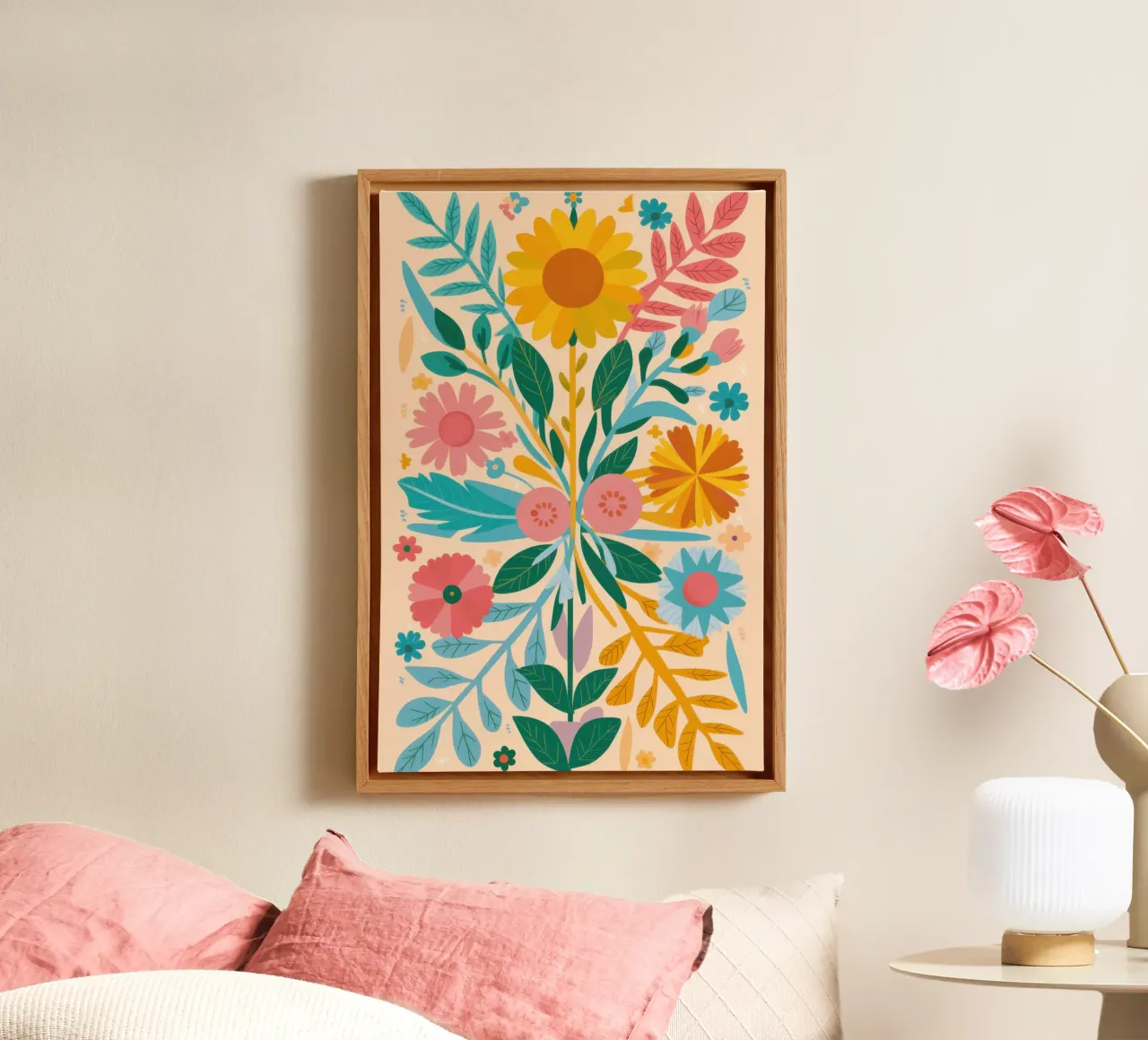 Zonnebloem boeket canvas met Baklijst van Trace Brush