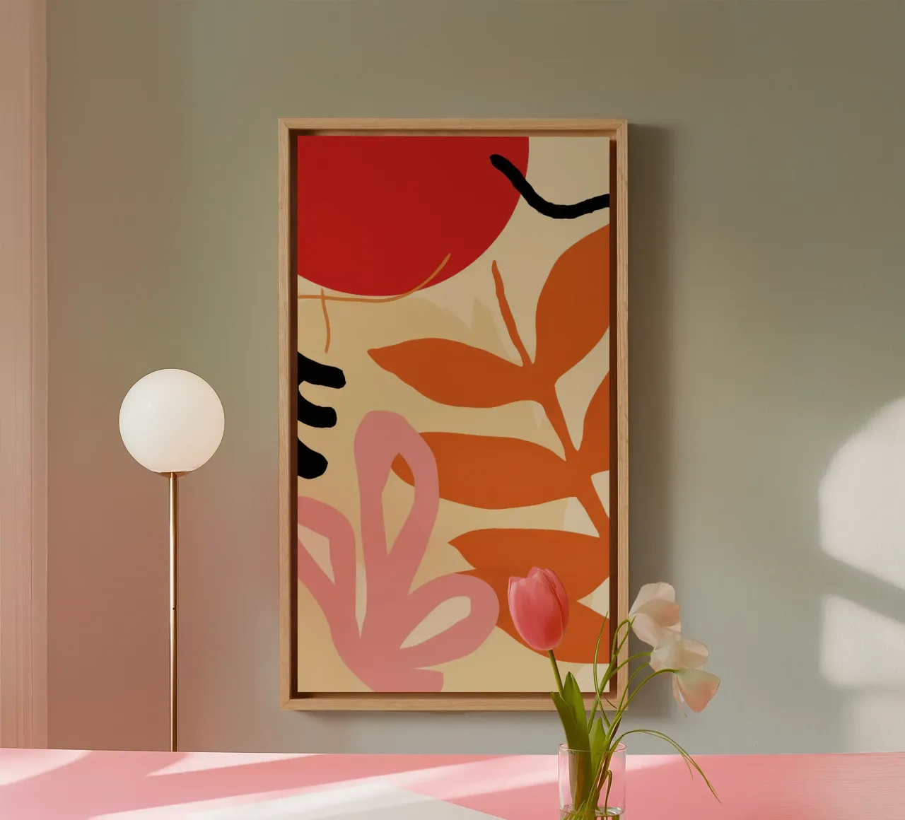 Sunset Leaf Abstract canvas with Floater frame by Luna Aura