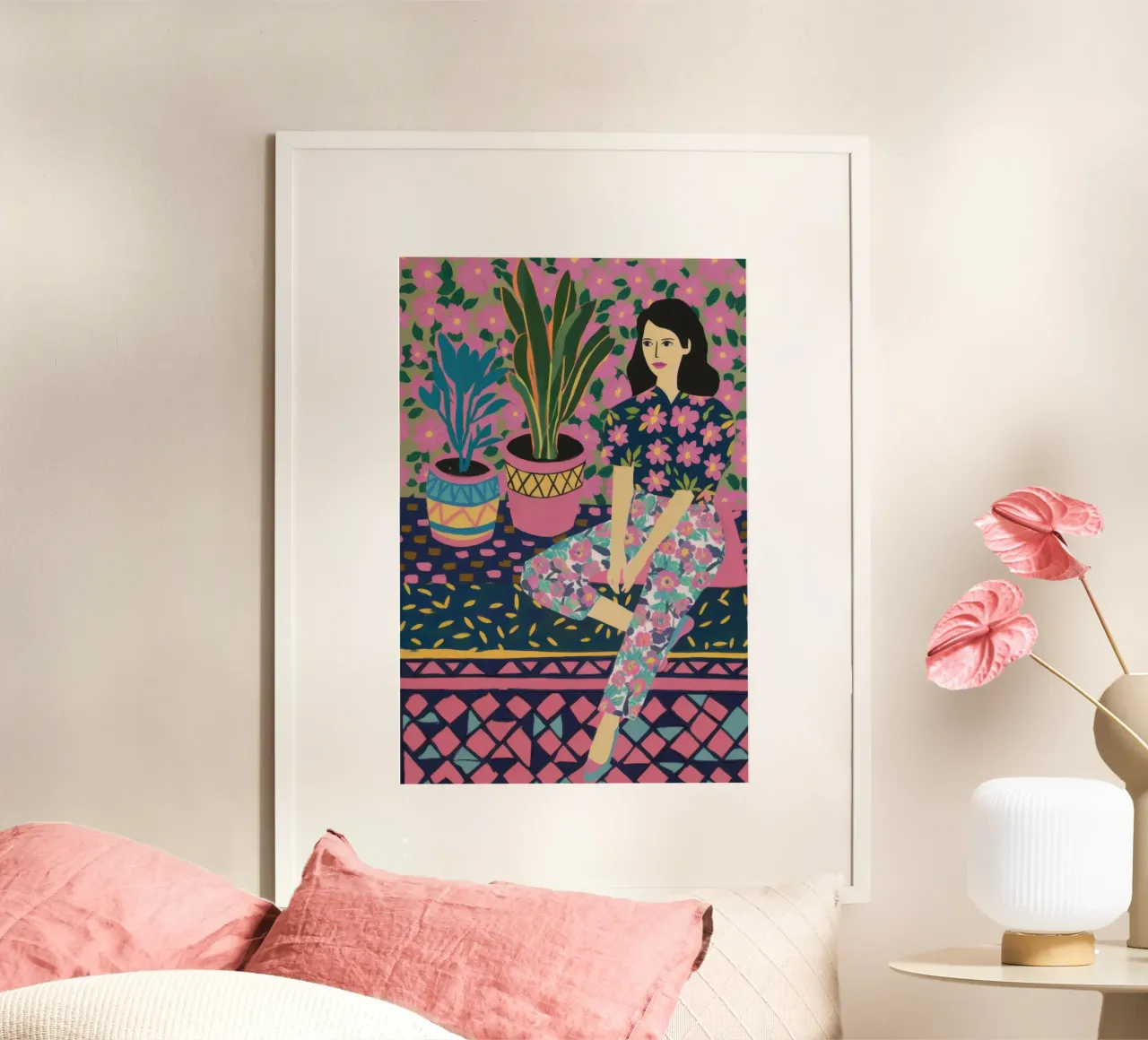 Donna in riposo floreale poster con telaio in plastica da Irish Strokes