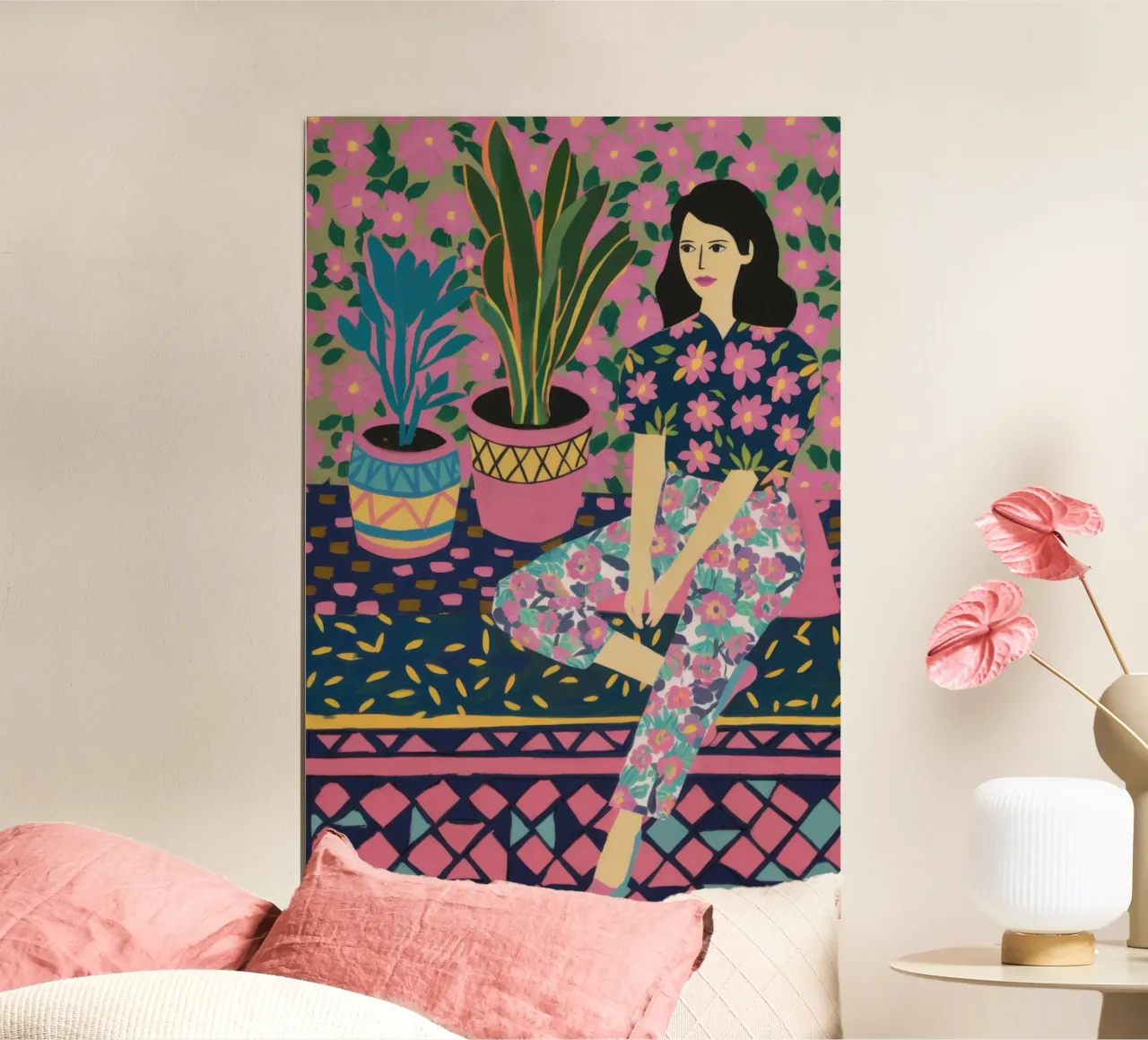 Donna in riposo floreale poster con telaio in plastica da Irish Strokes