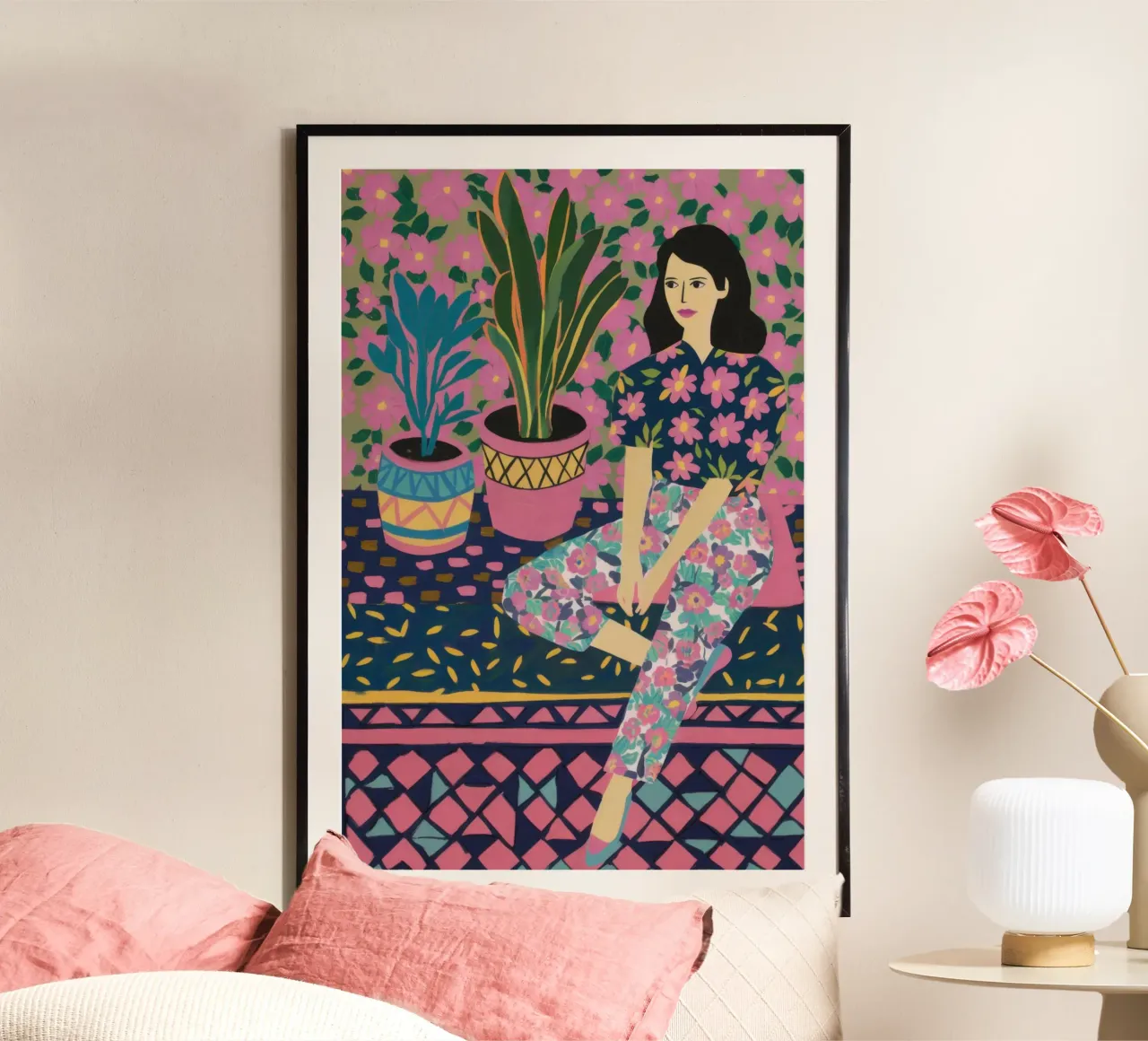 Donna in riposo floreale poster con telaio in plastica da Irish Strokes