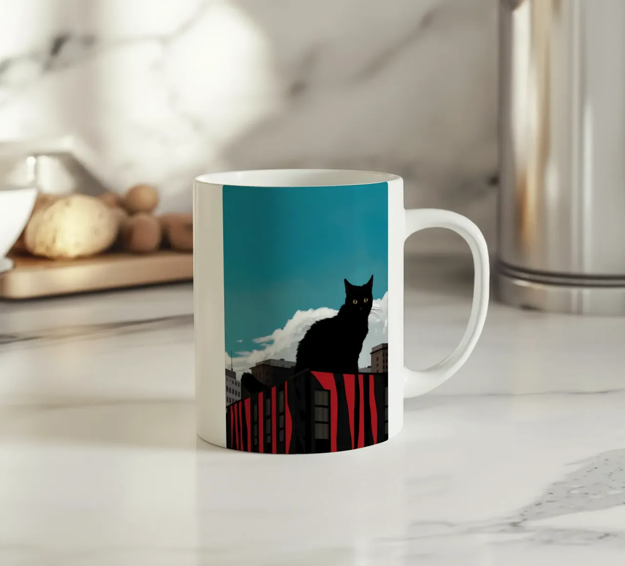 Silhouette di gatto sul tetto tazza in ceramica da Mark Solaria