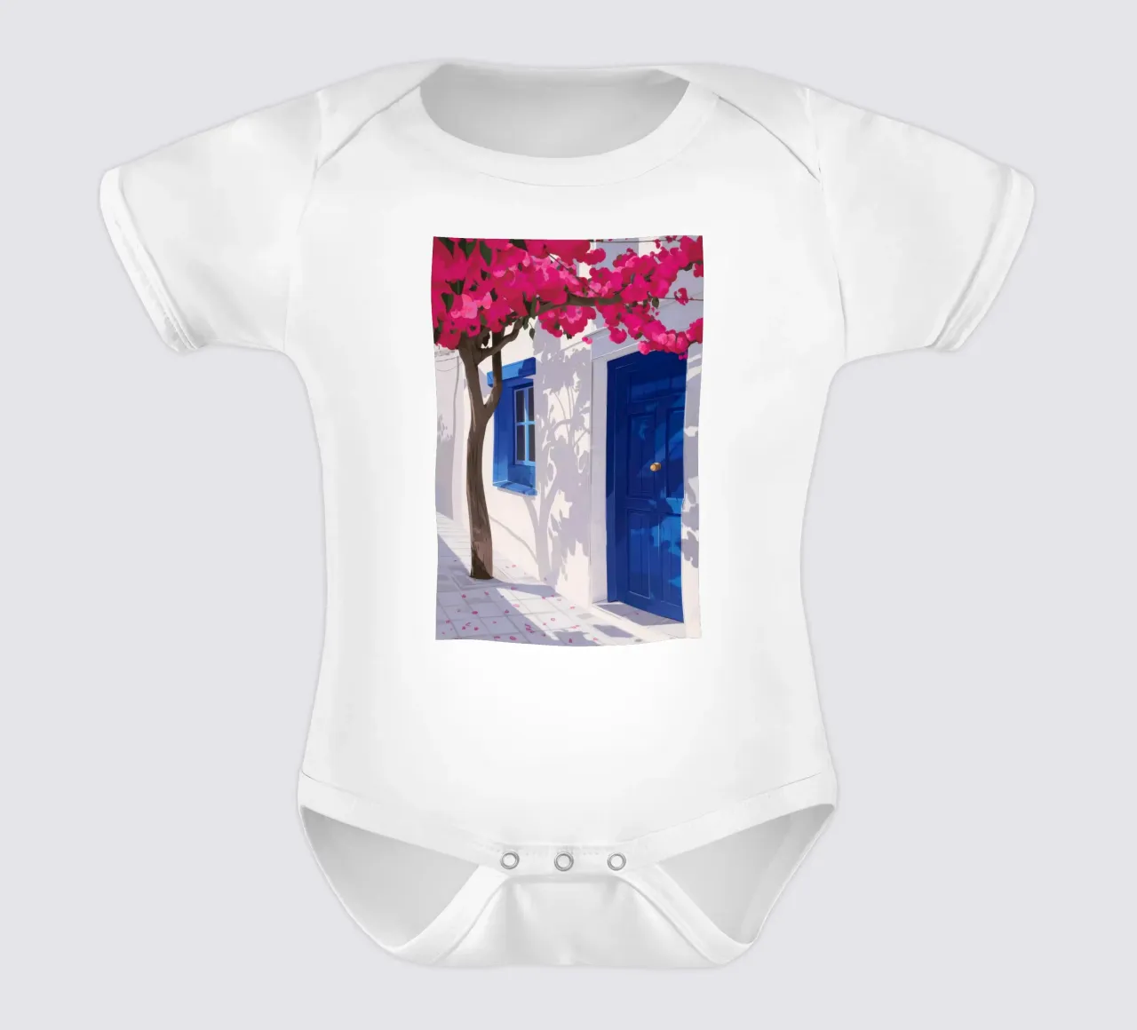 La porta blu di Santorini body neonato maniche corte da Thistle Bloom
