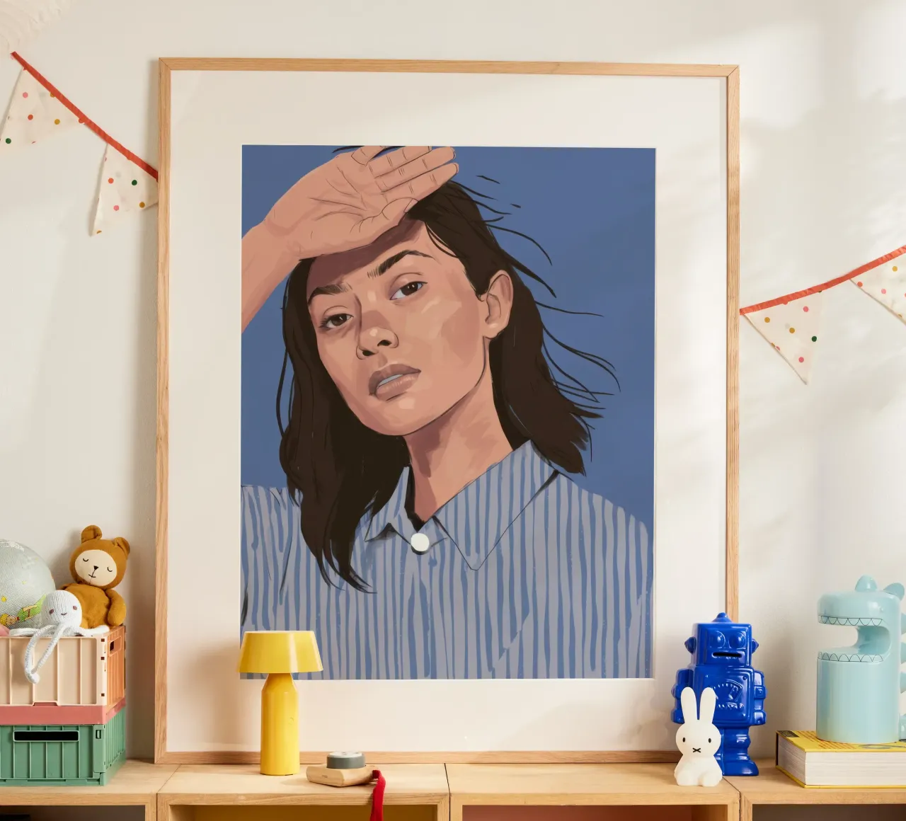 Peinzend Gestreept Overhemd poster met kunststof frame van Mark Solaria