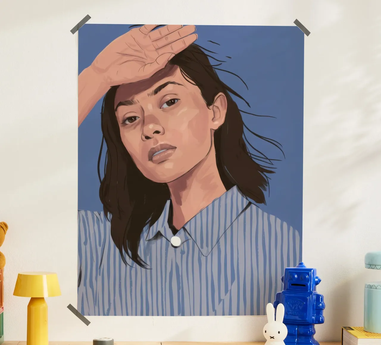 Peinzend Gestreept Overhemd poster met kunststof frame van Mark Solaria