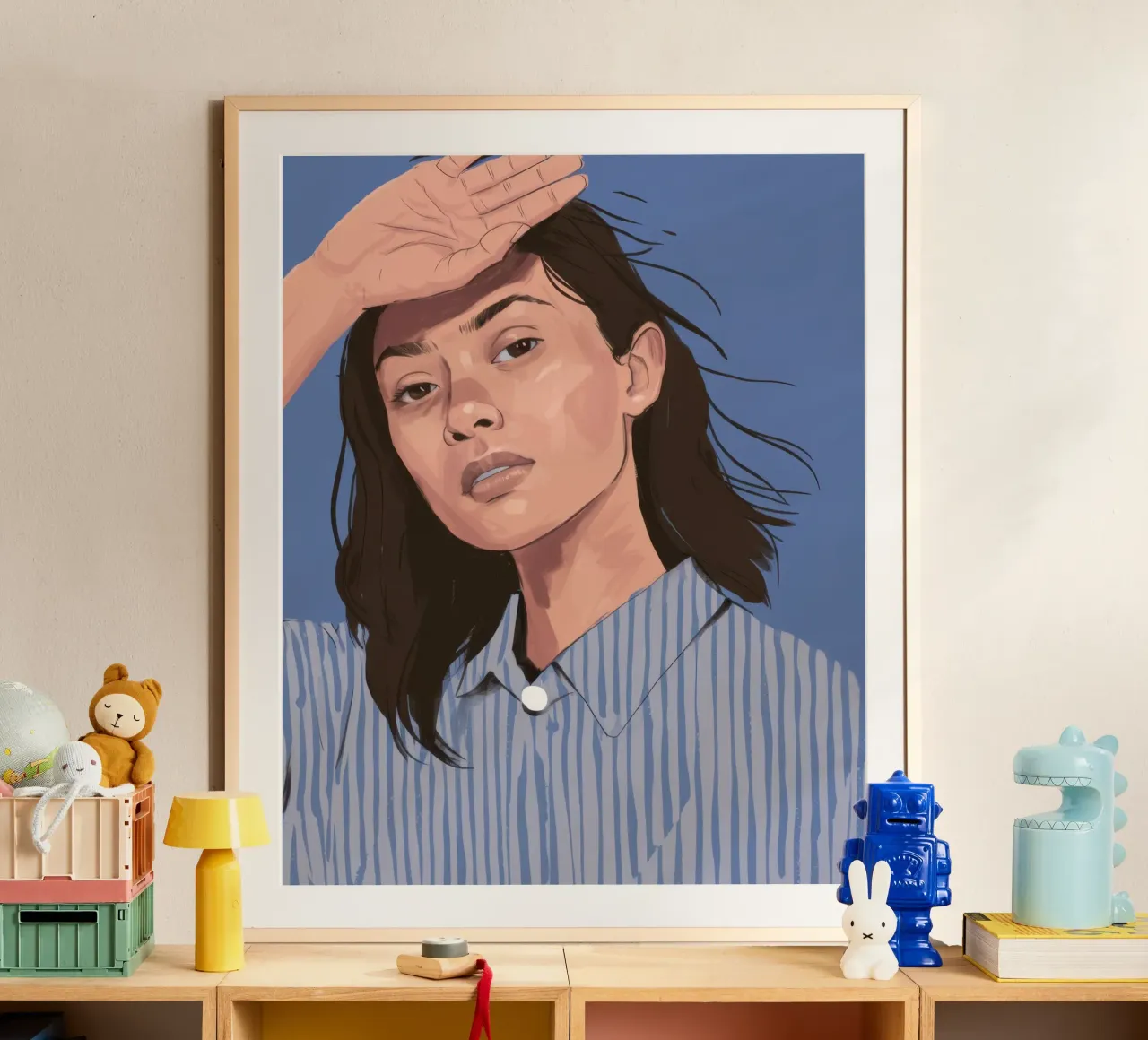 Peinzend Gestreept Overhemd poster met kunststof frame van Mark Solaria