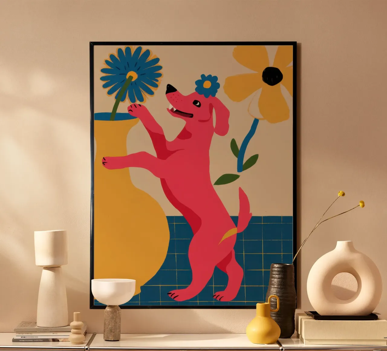Cane rosa gioioso poster con telaio in alluminio da Irish Strokes