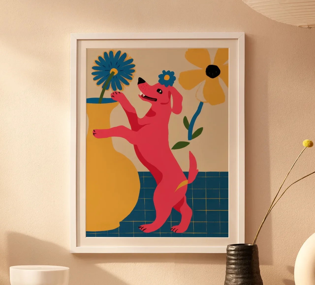 Cane rosa gioioso poster con telaio in alluminio da Irish Strokes