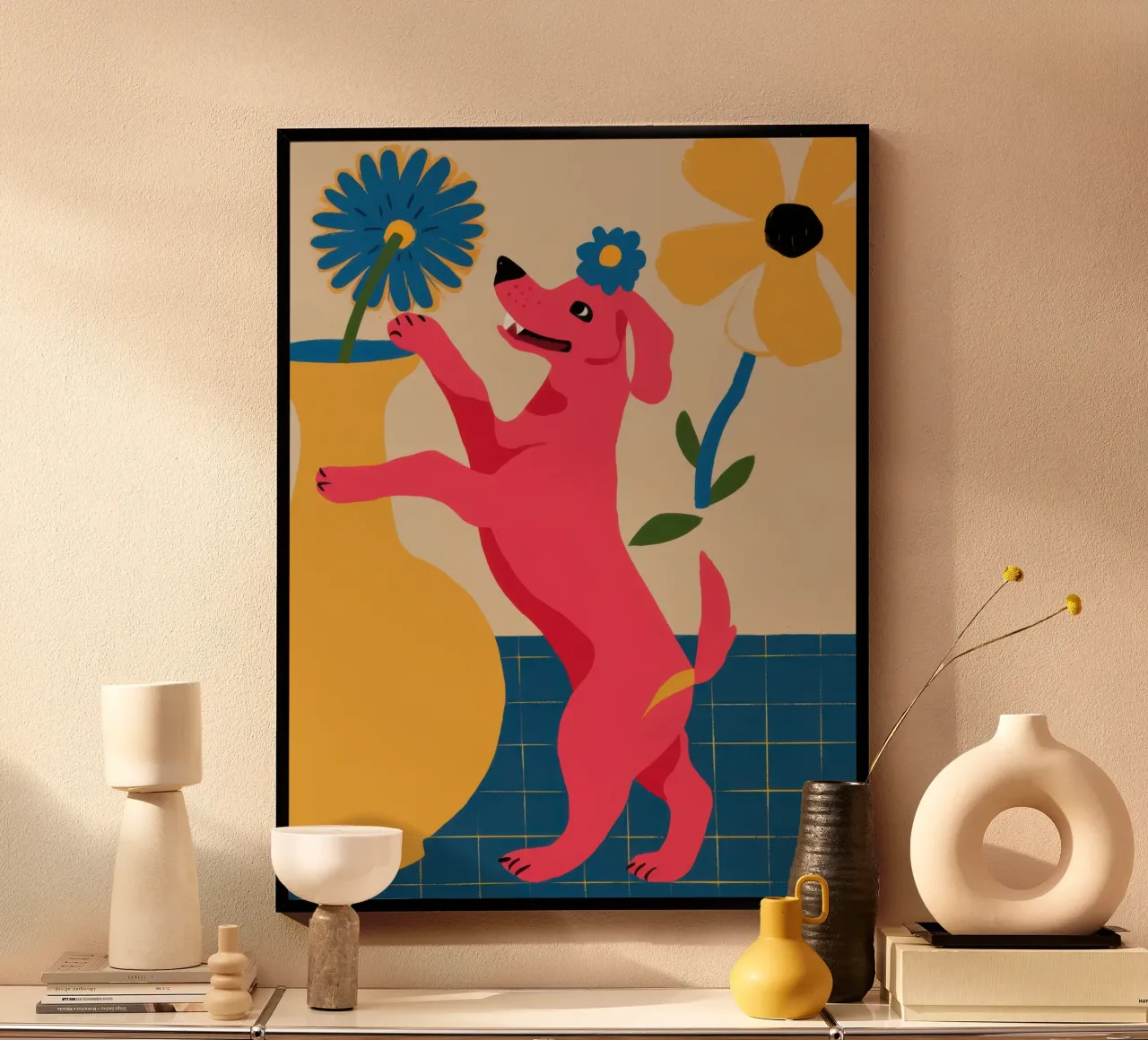 Cane rosa gioioso poster con telaio in alluminio da Irish Strokes