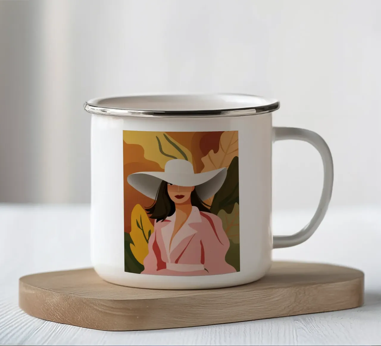 Vrouw met witte hoed emaille mok van Mark Solaria