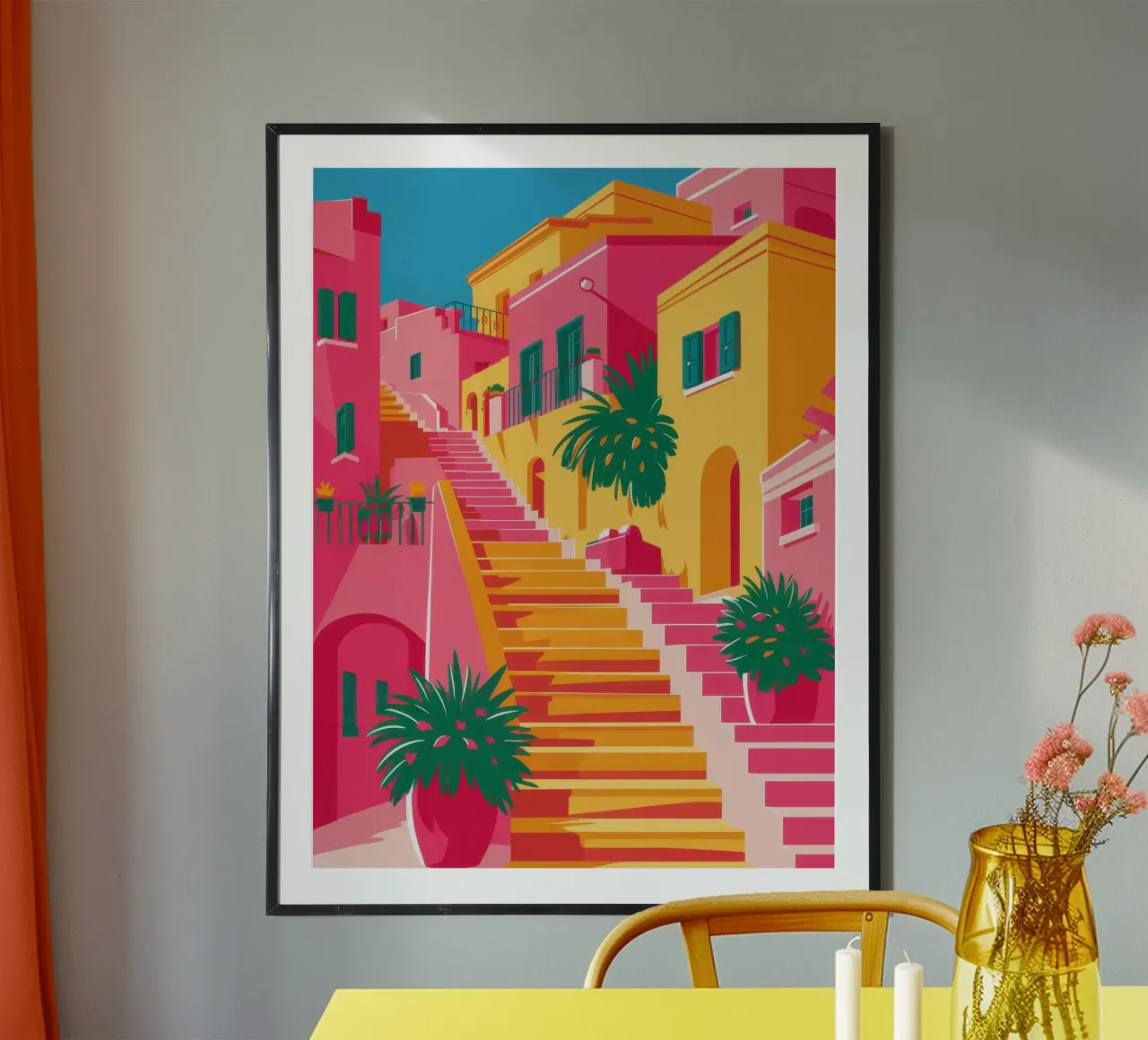 Scena vibrante della scala poster con telaio in legno da Gaia Viesta