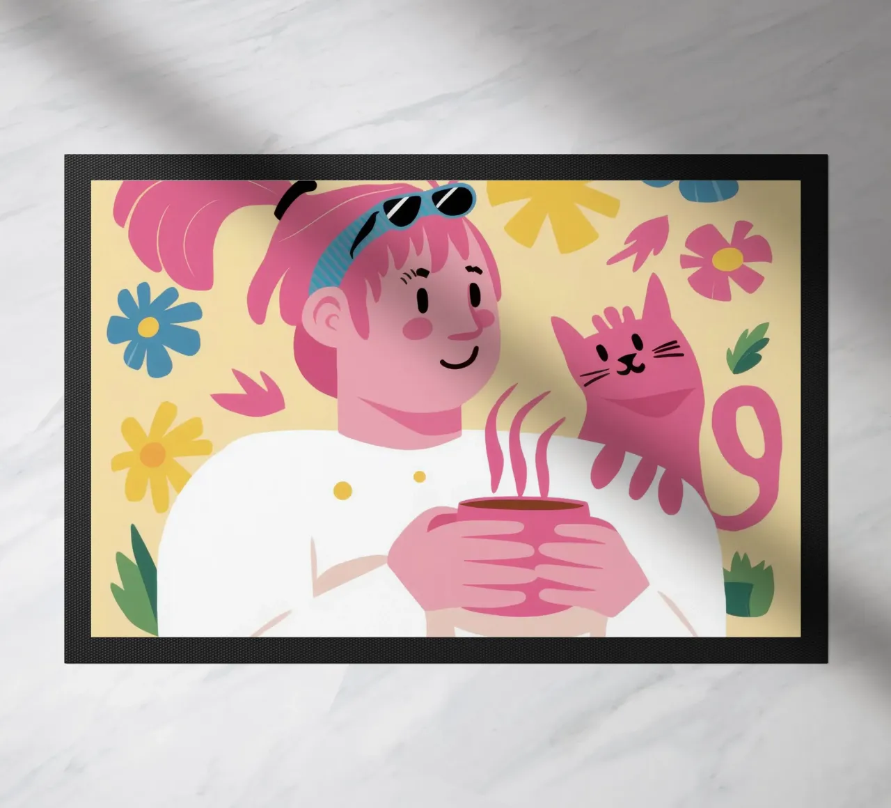 Pink Cat Cuddle doormat by Gaia Viesta