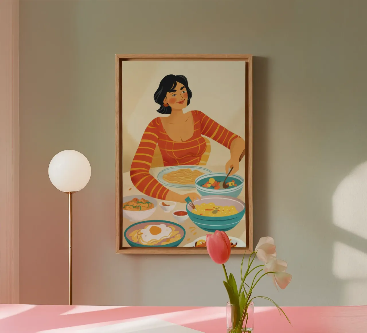 Mujer comiendo fideos lienzo con Marco flotante de Mark Solaria