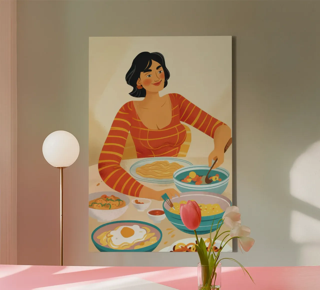 Mujer comiendo fideos lienzo con Marco flotante de Mark Solaria