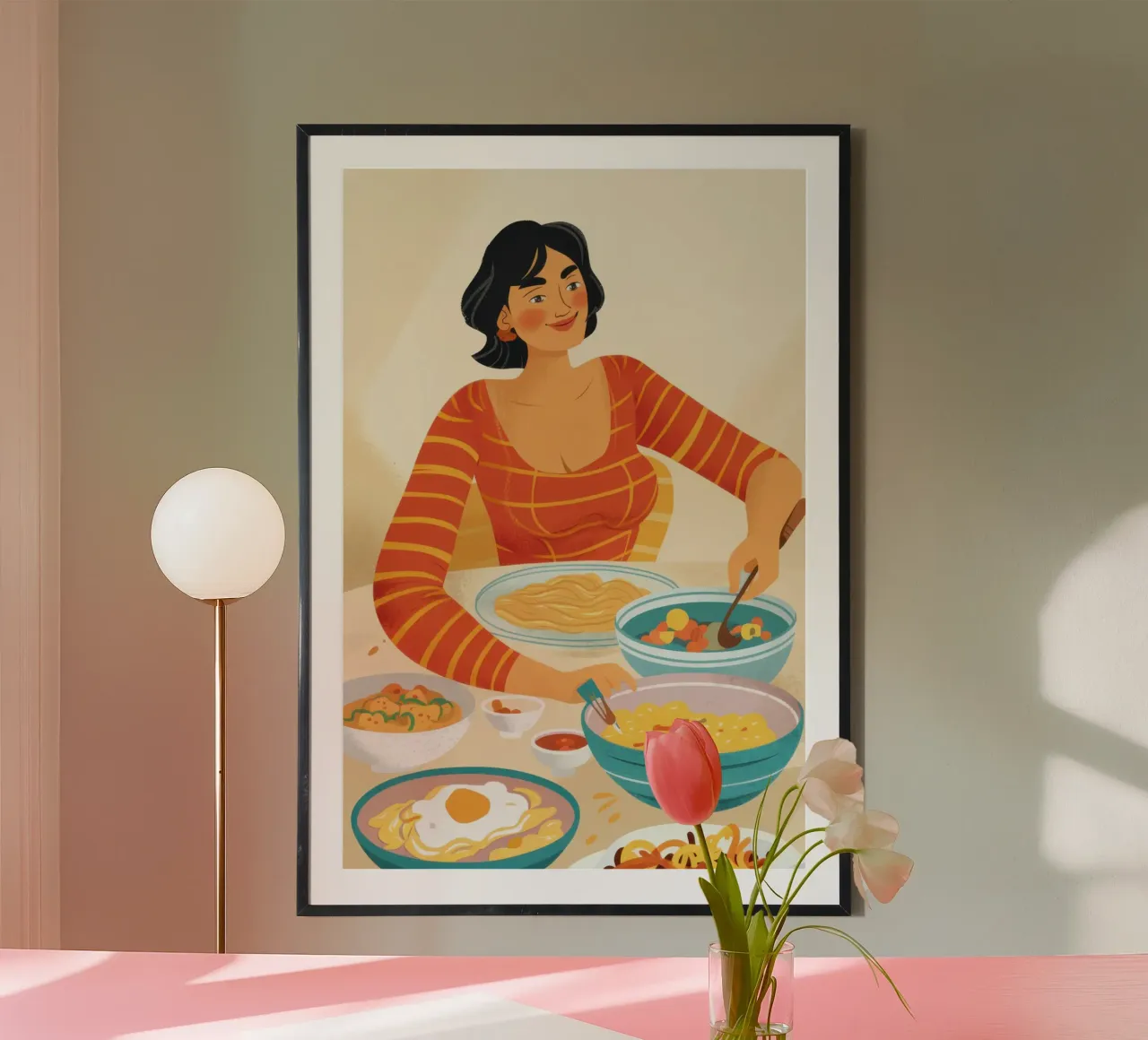 Mujer comiendo fideos poster de Mark Solaria