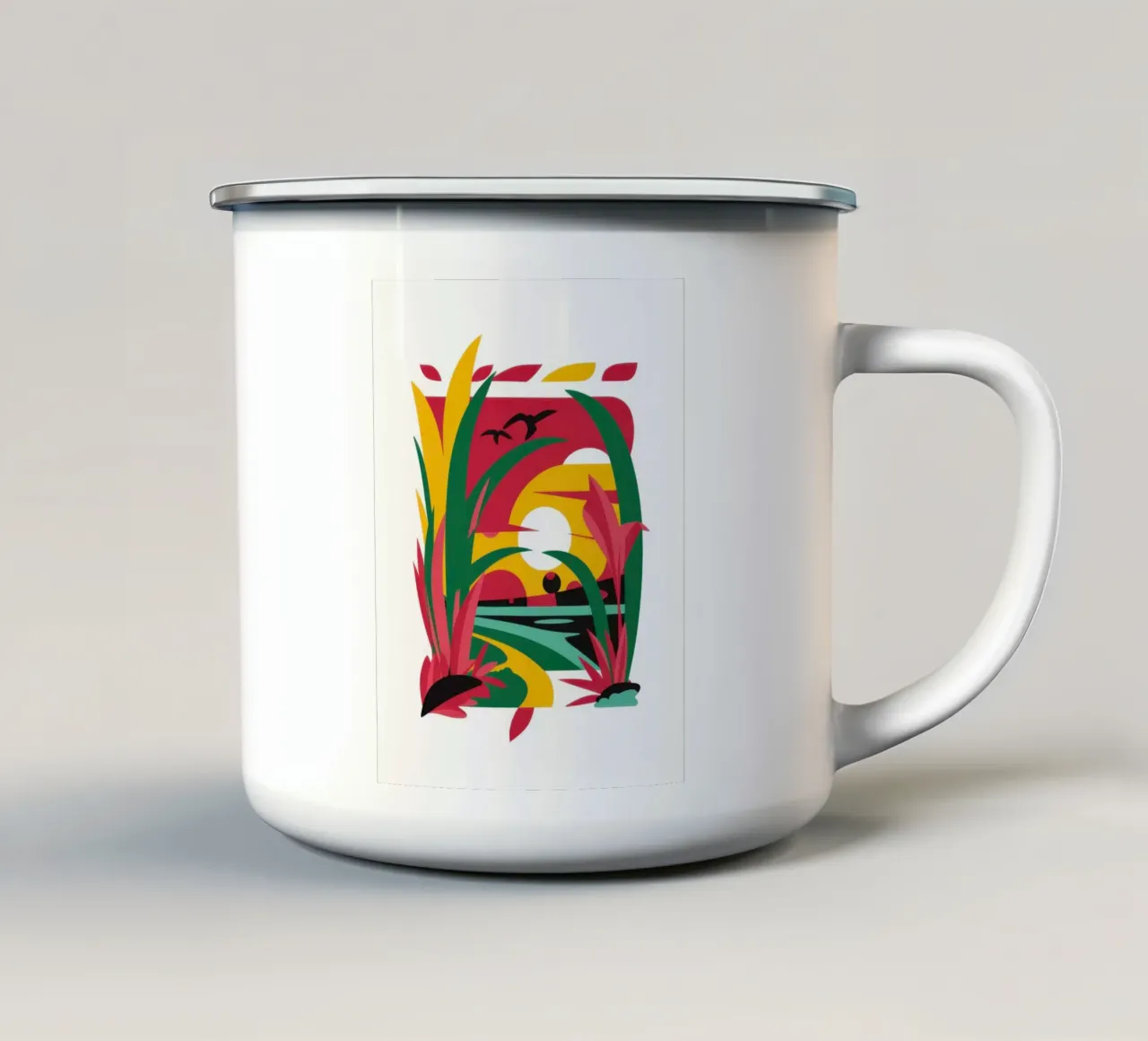 Abstracte zonsondergang Vogel emaille mok van Thistle Bloom