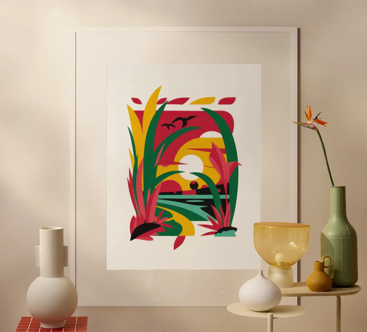 Atardecer abstracto Pájaro poster con marco de madera de Thistle Bloom