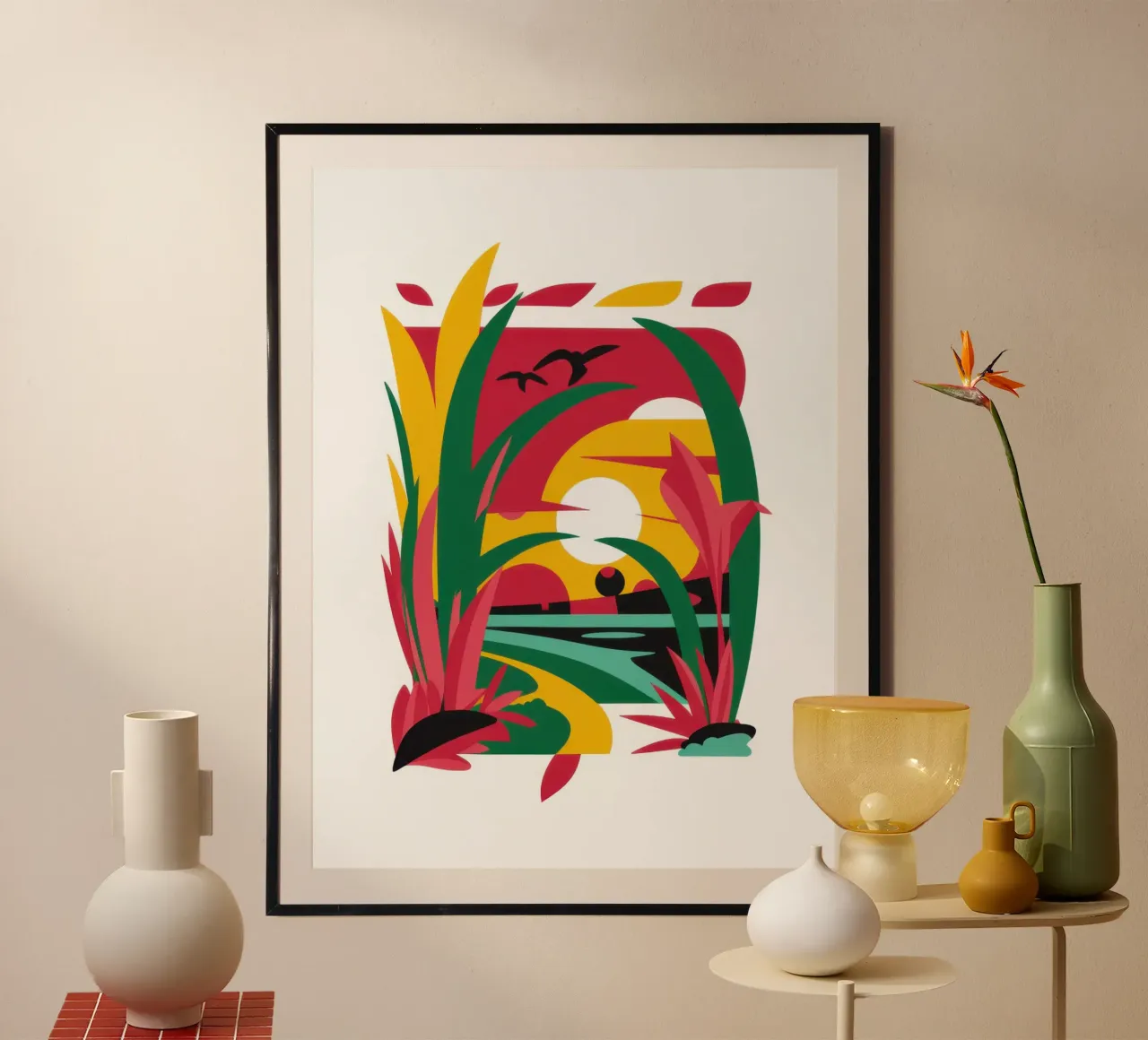 Atardecer abstracto Pájaro poster con marco de madera de Thistle Bloom