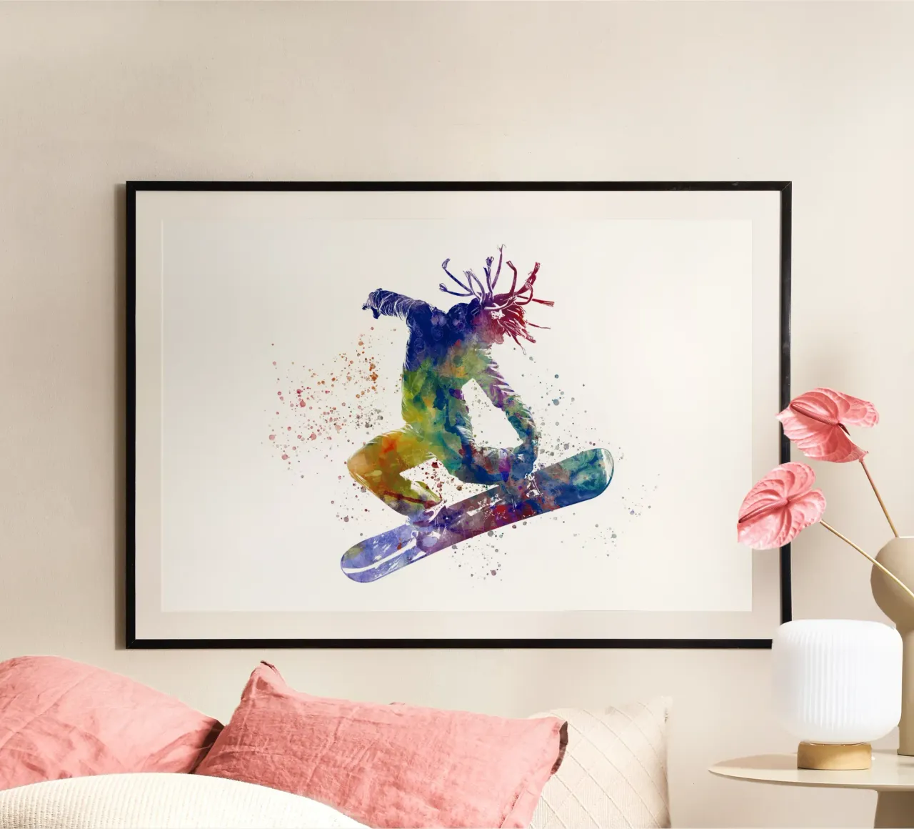 Snowboarder in acquerello poster con telaio in alluminio da ⚽ Sports Pulse
