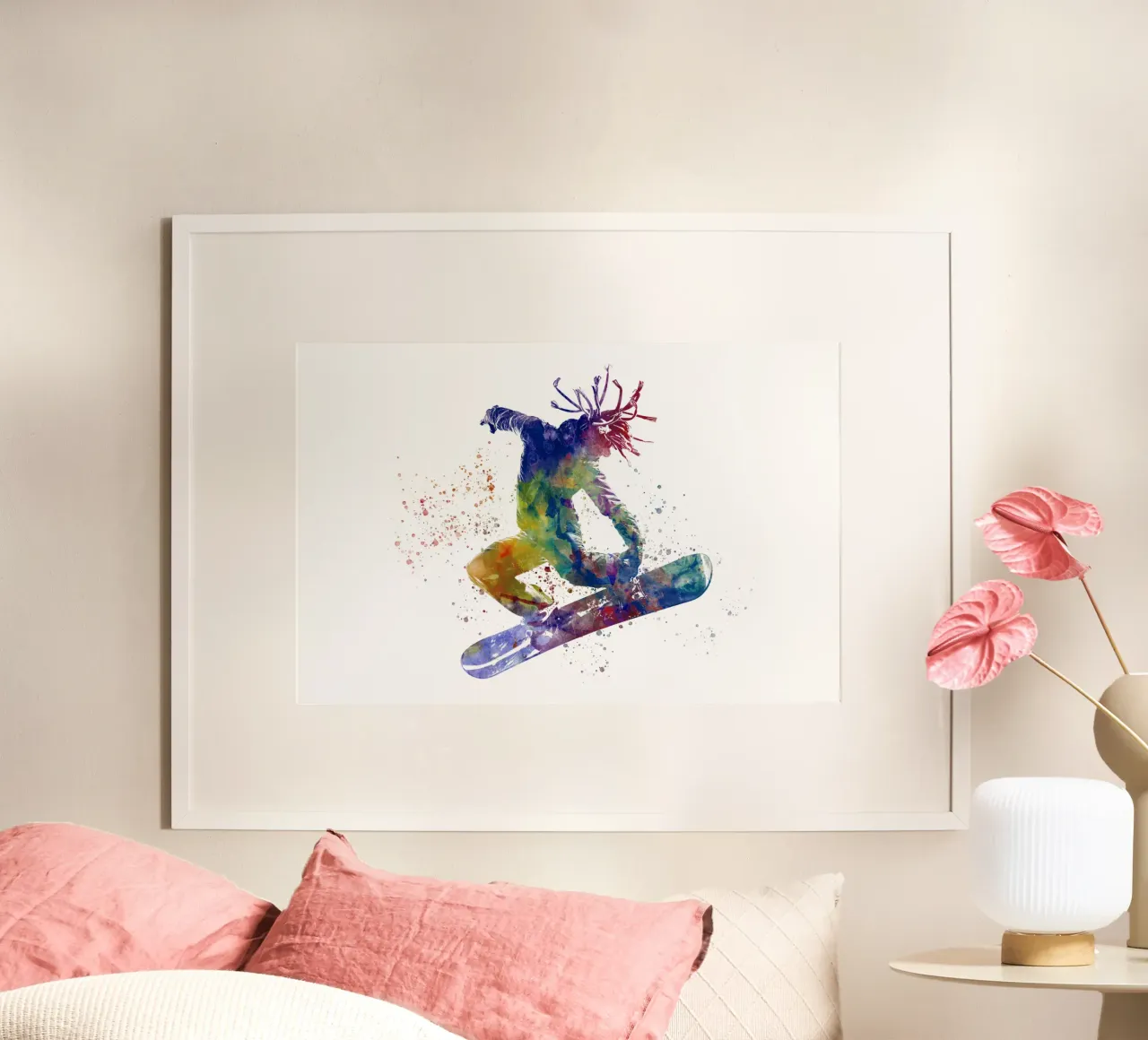 Snowboarder in acquerello poster con telaio in alluminio da ⚽ Sports Pulse