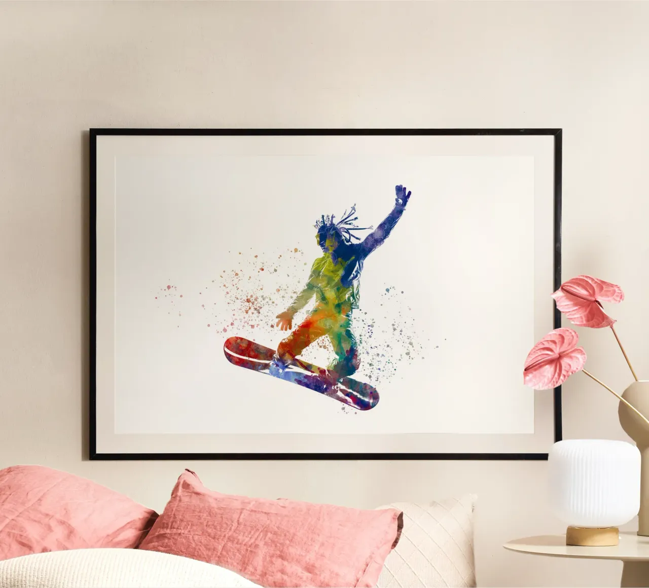 Snowboarder in acquerello poster con telaio in alluminio da ⚽ Sports Pulse