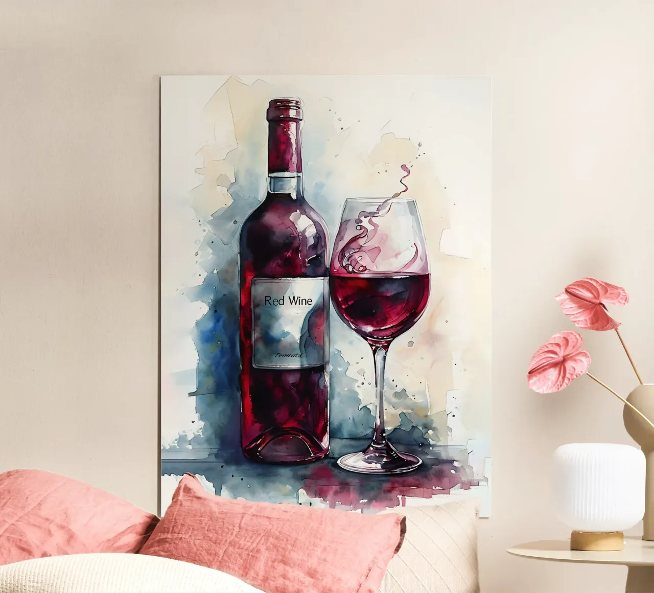 Bottiglia e bicchiere di vino rosso acquerellato poster con telaio in legno da 🎁 ARTVI-SHOP