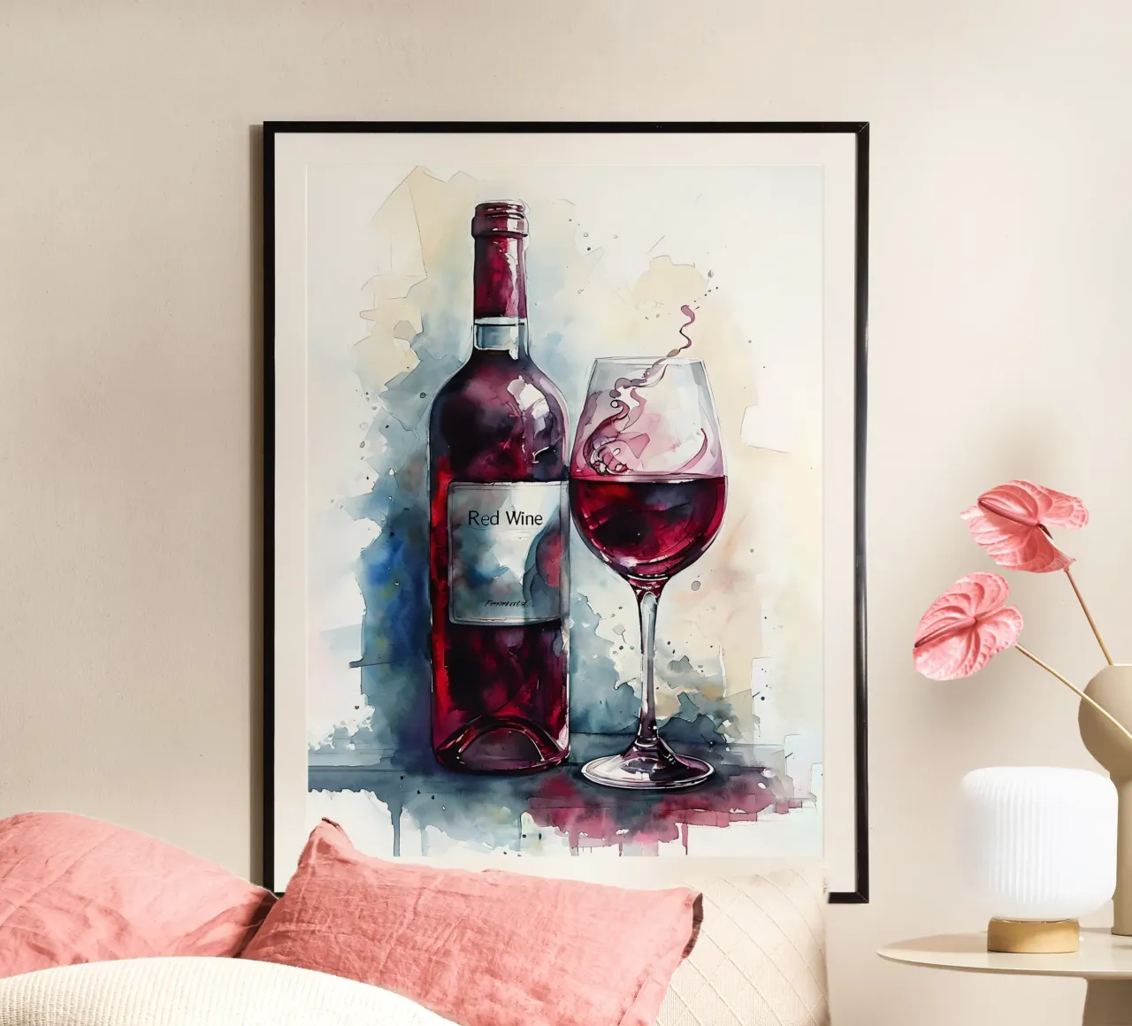 Bottiglia e bicchiere di vino rosso acquerellato poster con telaio in legno da 🎁 ARTVI-SHOP