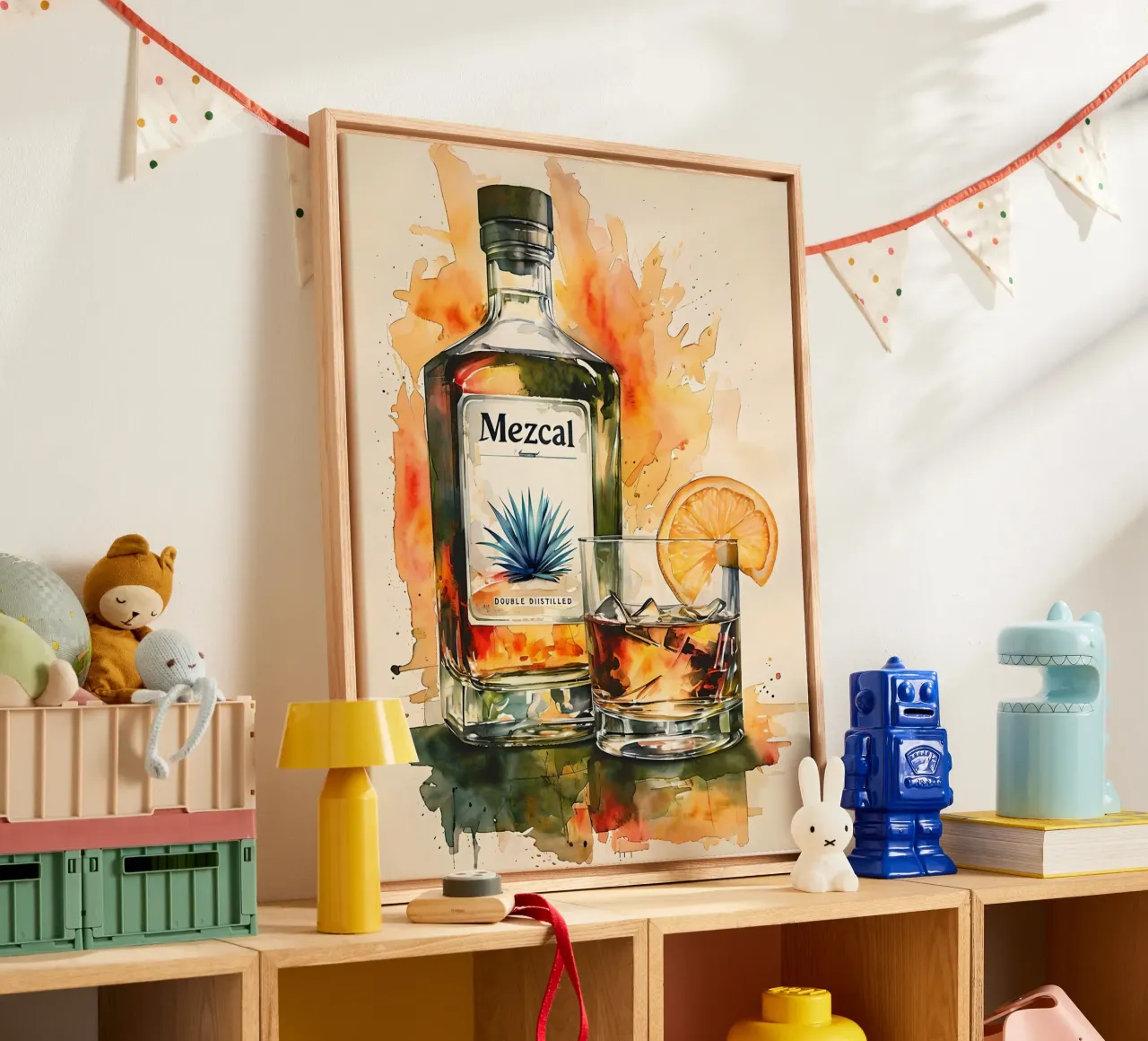 Bottiglia di Mezcal e bevanda acquerello tela con Cornice a cassetta da 🎁 ARTVI-SHOP