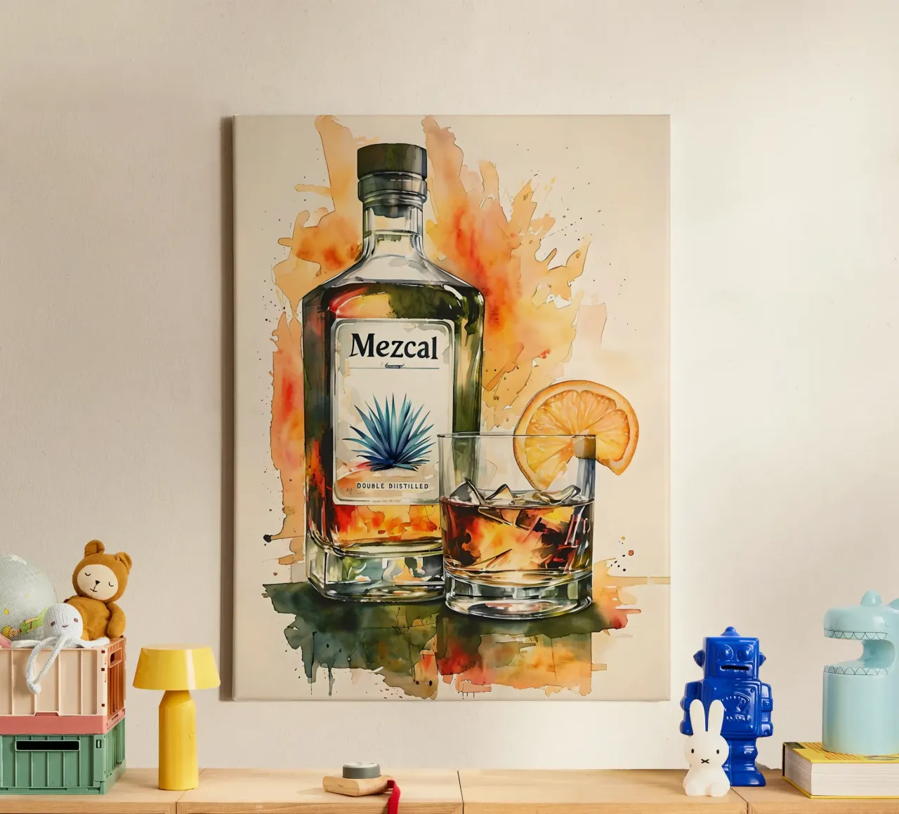 Bottiglia di Mezcal e bevanda acquerello tela con Cornice a cassetta da 🎁 ARTVI-SHOP
