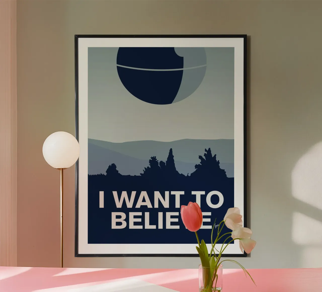 My I want to believe minimal poster-deathstar poster con telaio in alluminio da geekxfiles