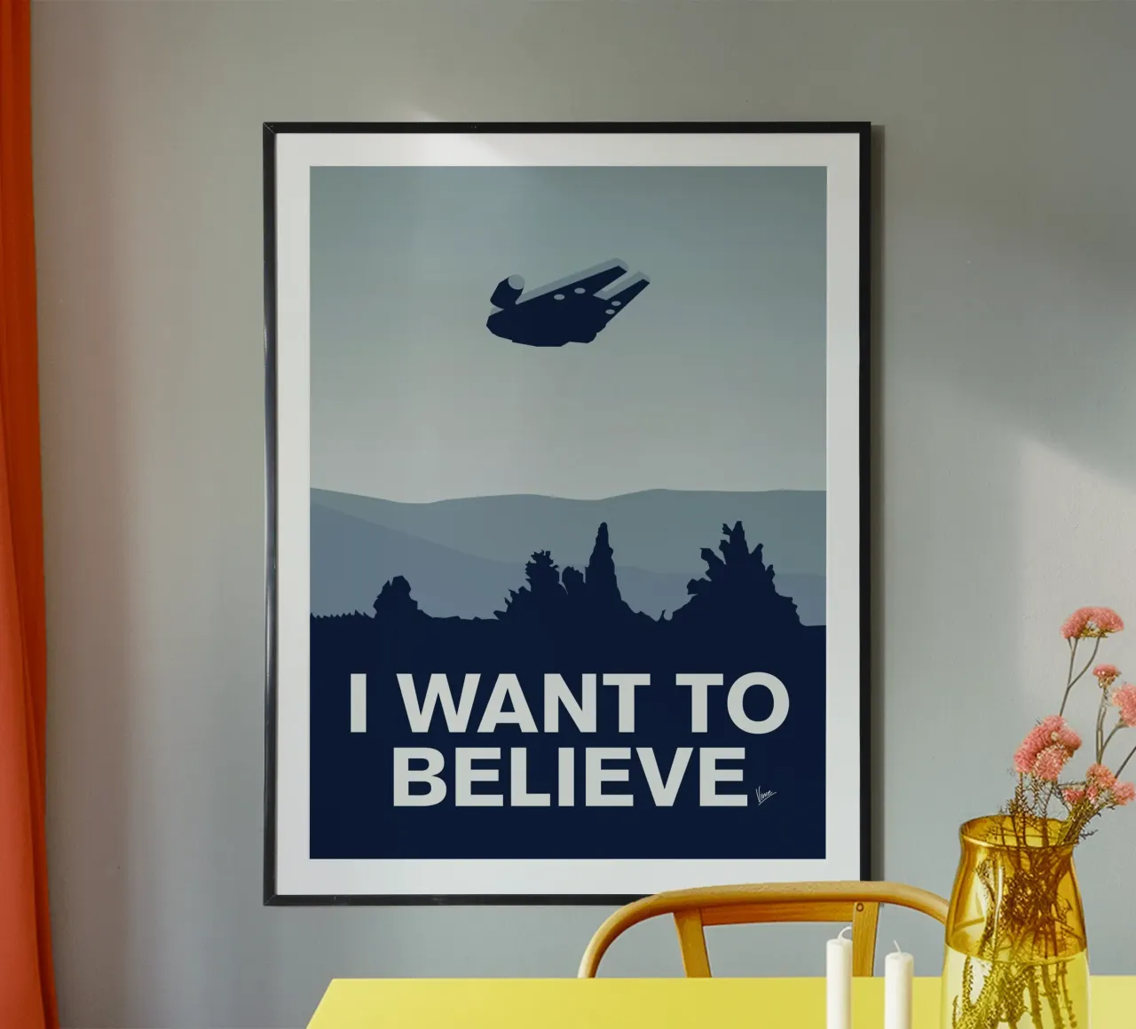 My I want to believe minimal poster-millennium-falcon poster con telaio in alluminio da geekxfiles