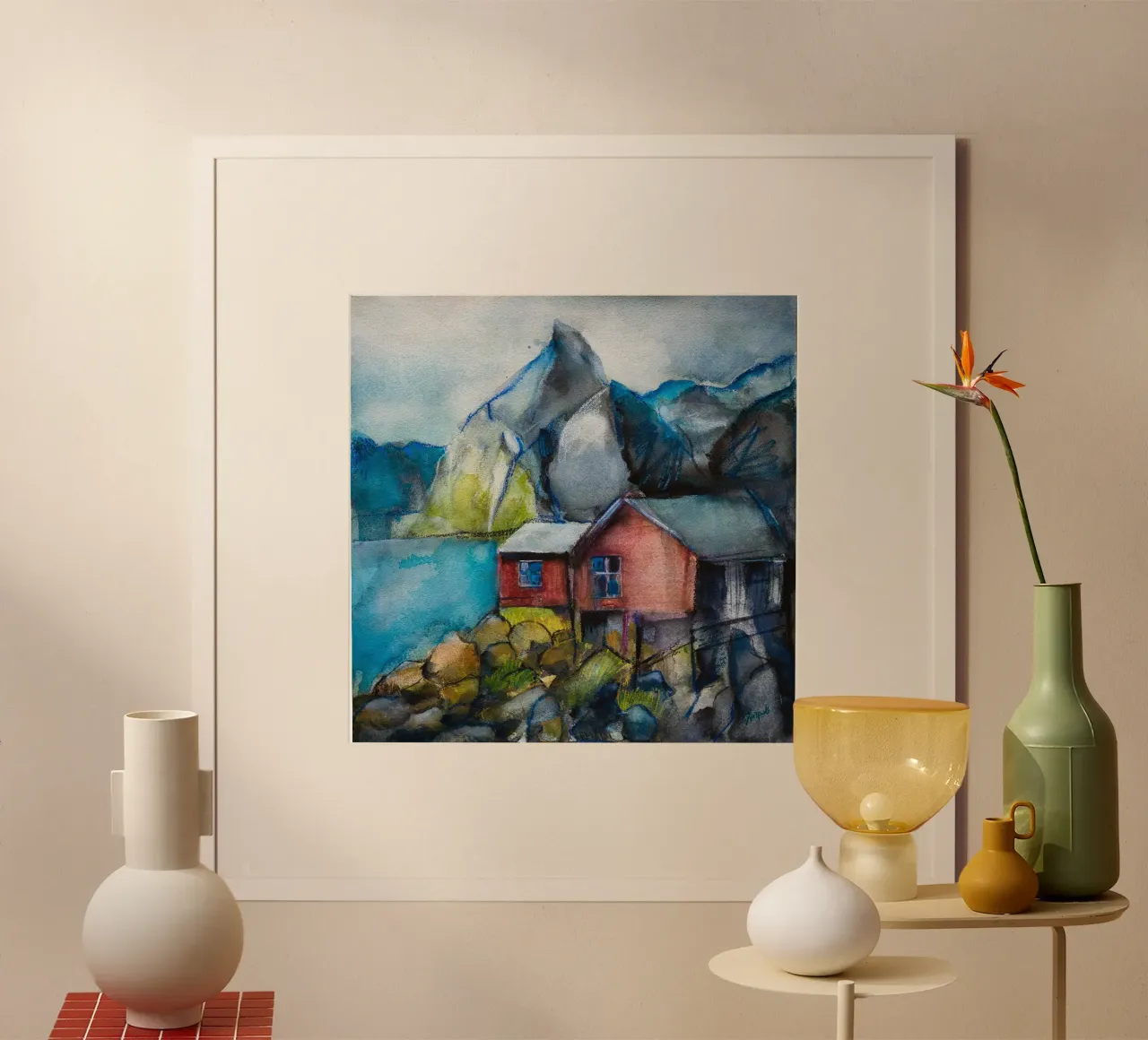 Cabins by the fjord poster con telaio in legno da Stoian Hitrov