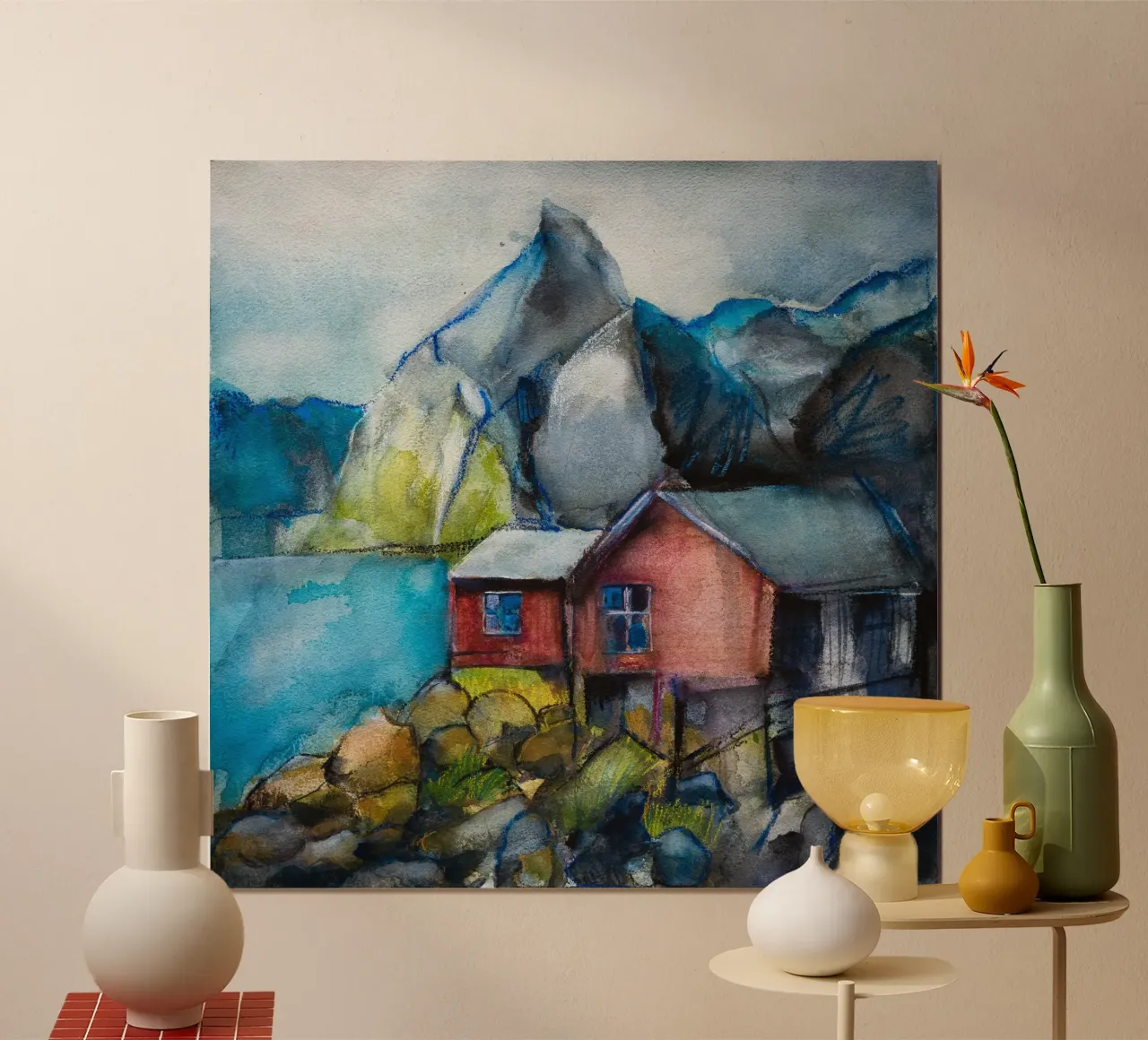 Cabins by the fjord poster con telaio in legno da Stoian Hitrov